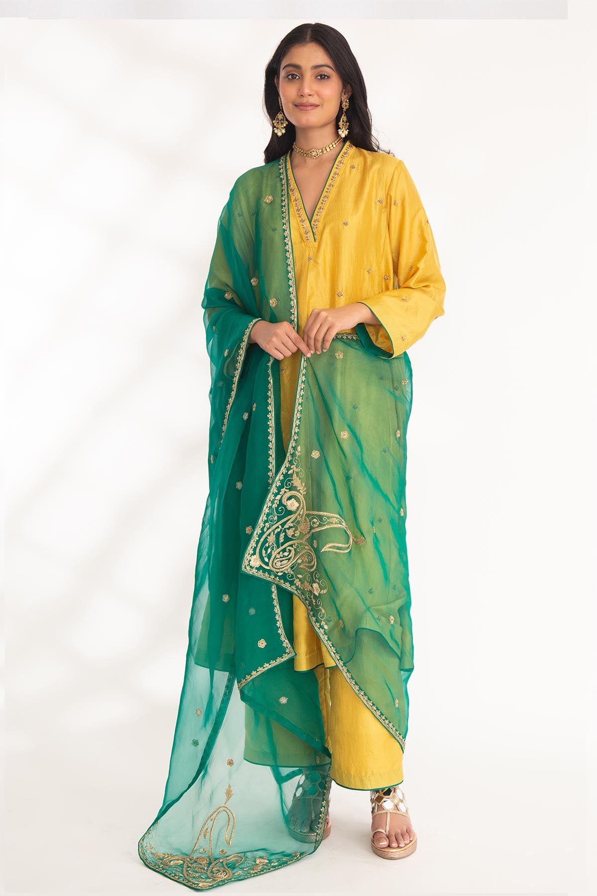 Yellow Zardozi V-Neck Kurta Set