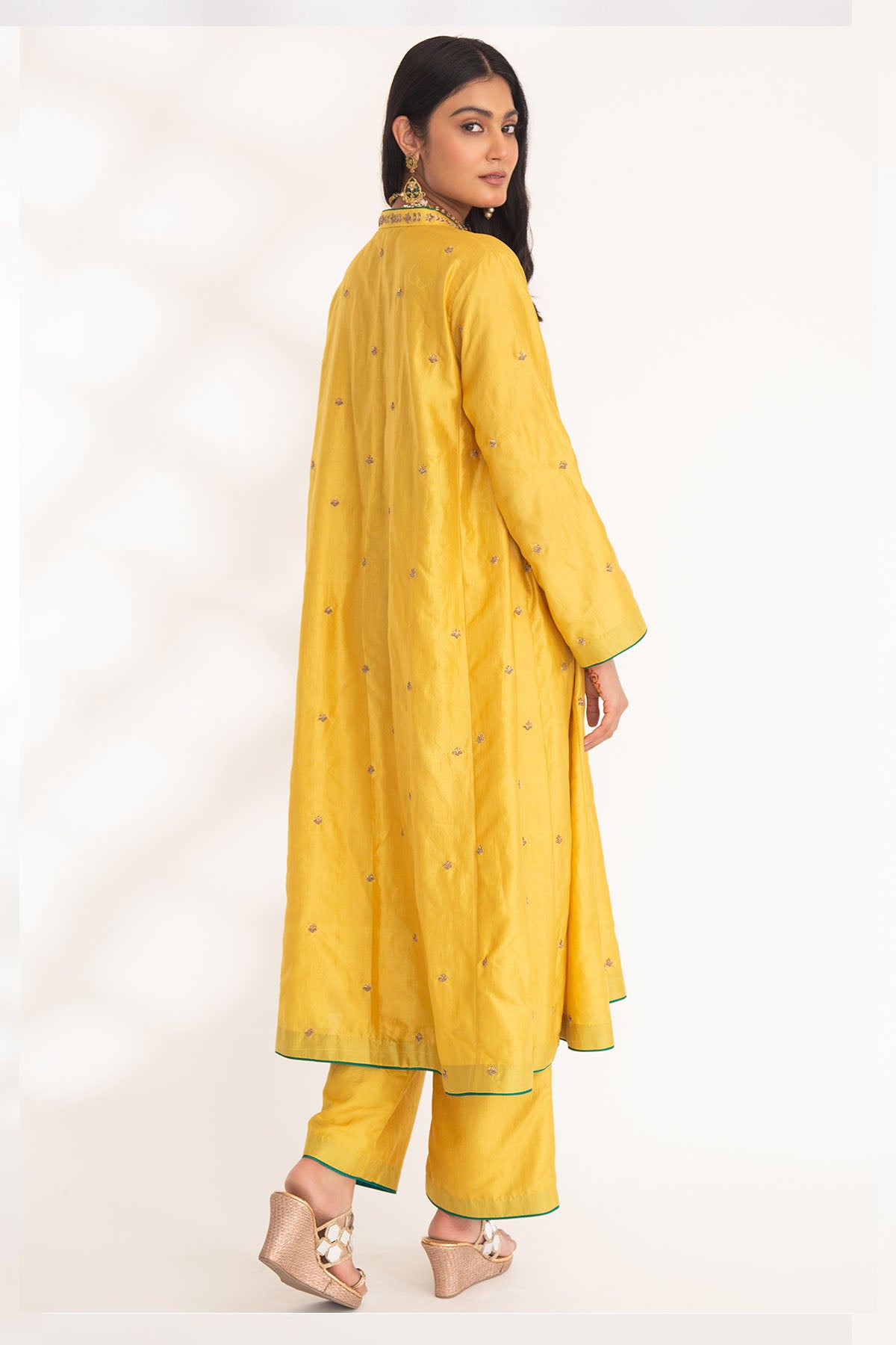 Yellow Zardozi V-Neck Kurta Set
