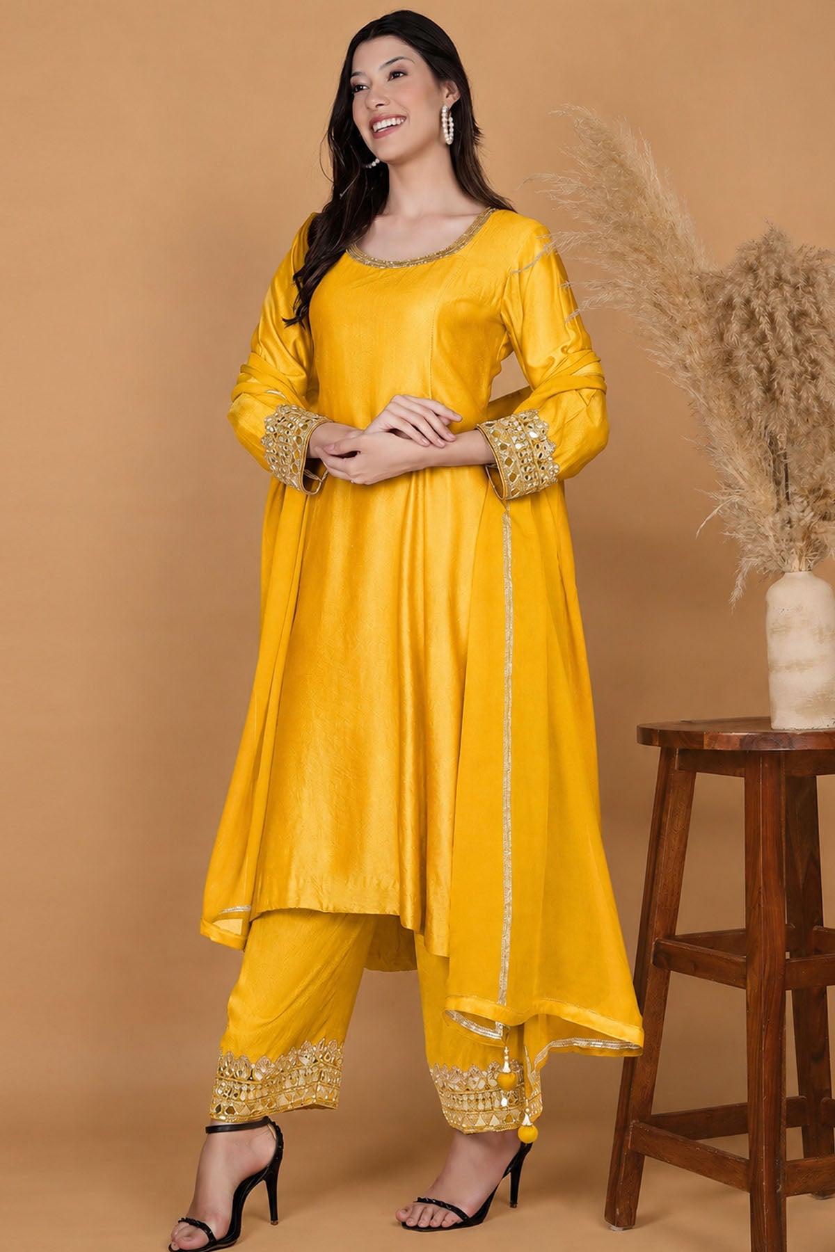 Buy Yellow Zari & Cutdana Kurta Set for women by Milu Madan online available at scrollnshops