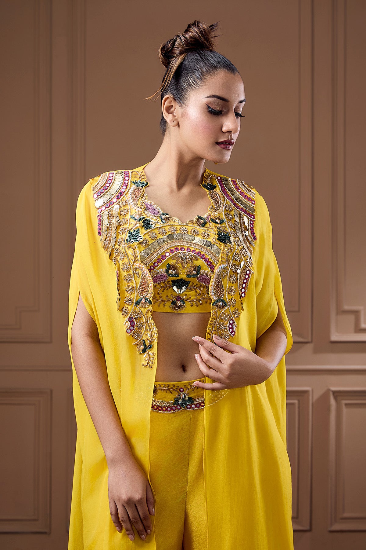 Yellow Zari Embellished Cape Set