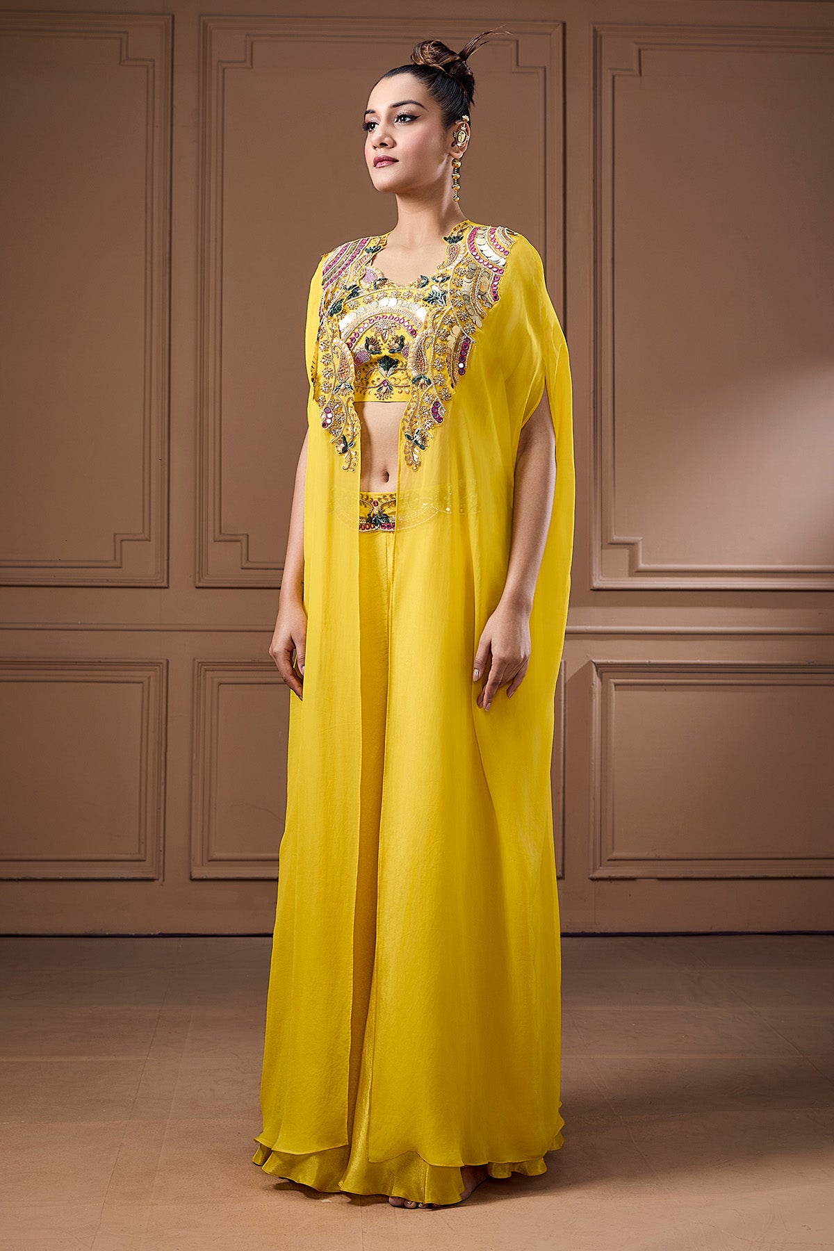 Yellow Zari Embellished Cape Set
