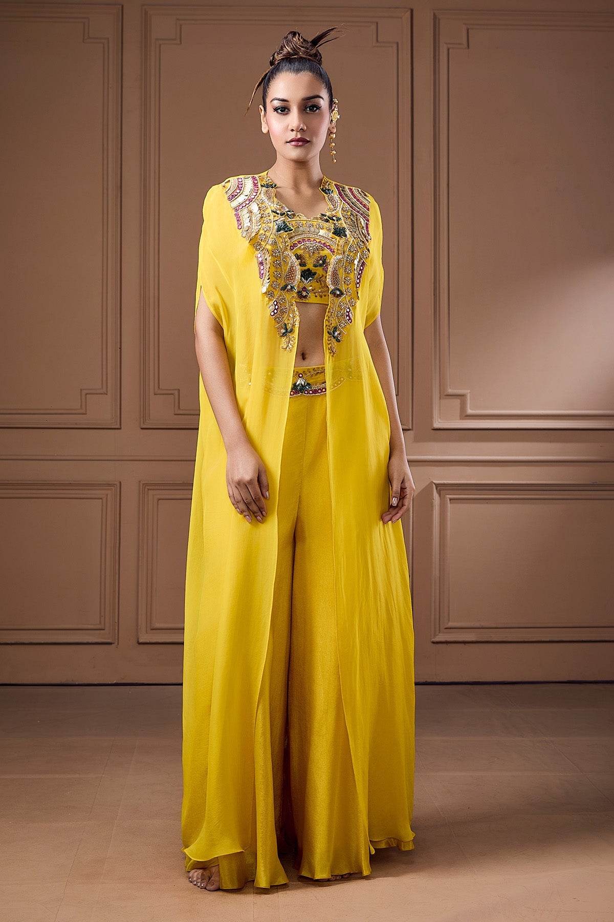 Buy Yellow Zari Embellished Cape Set by Label Kaleido for Women online at ScrollnShops