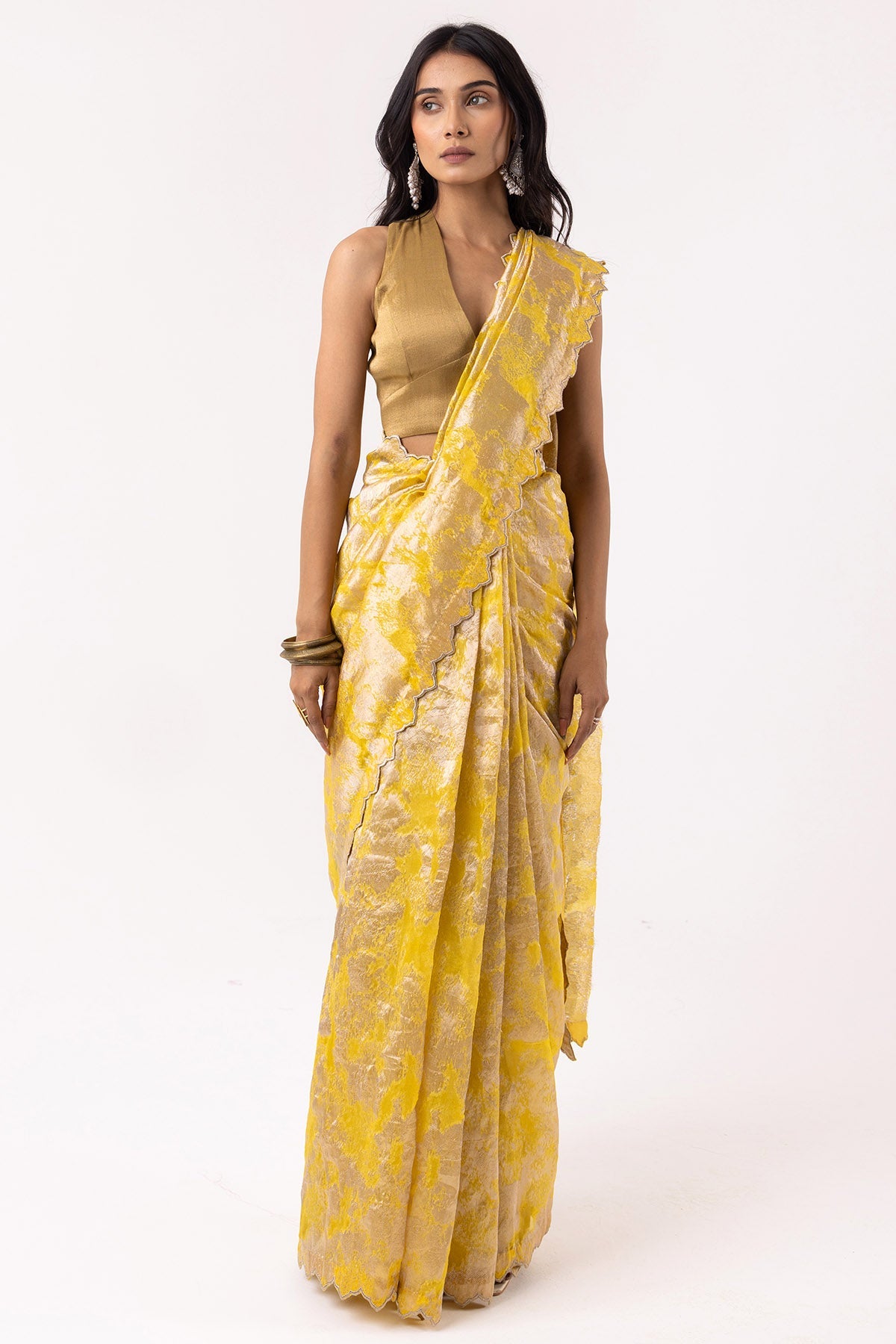 Buy Yellow Zari Embroidered Saree for women by Ekagani Designer online available at scrollnshops