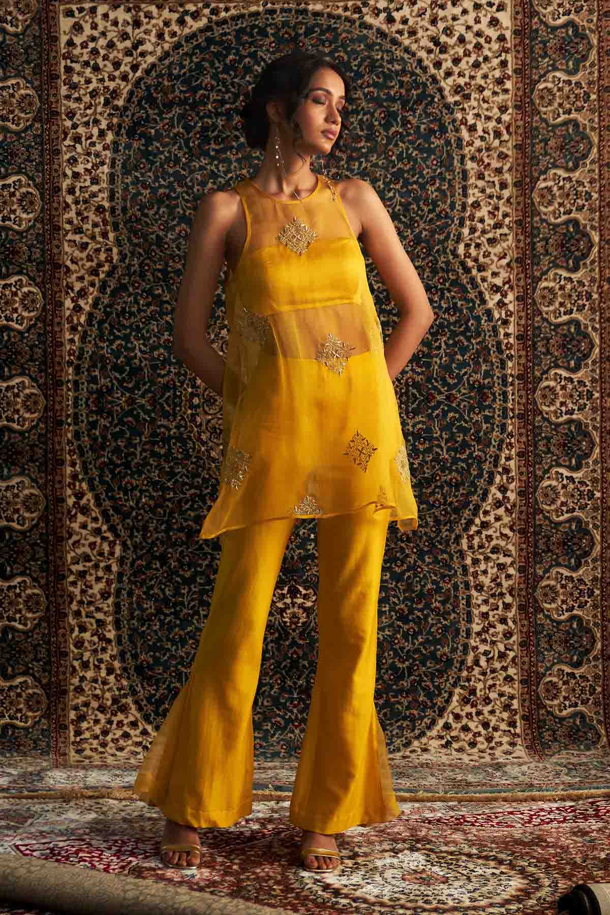 Buy Yellow Zari Organza Co-ord Set by Charkhee for women online at ScrollnShops