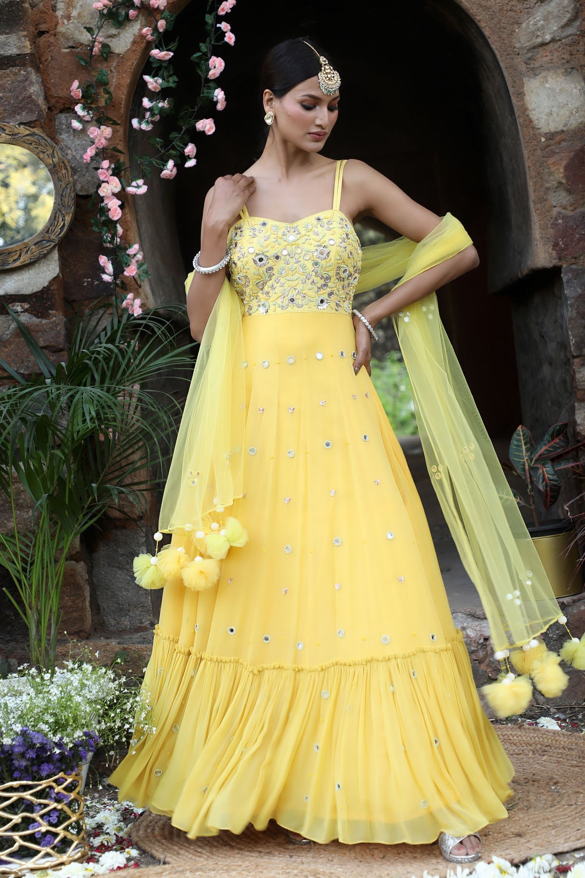 Buy Yellow Zari Work Anarkali Set by Nitisha Kashyap for women online at ScrollnShops