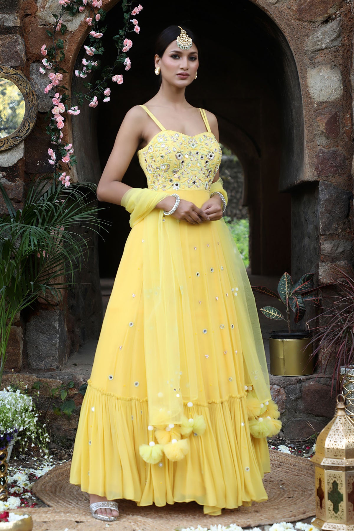 Yellow Zari Work Anarkali Set