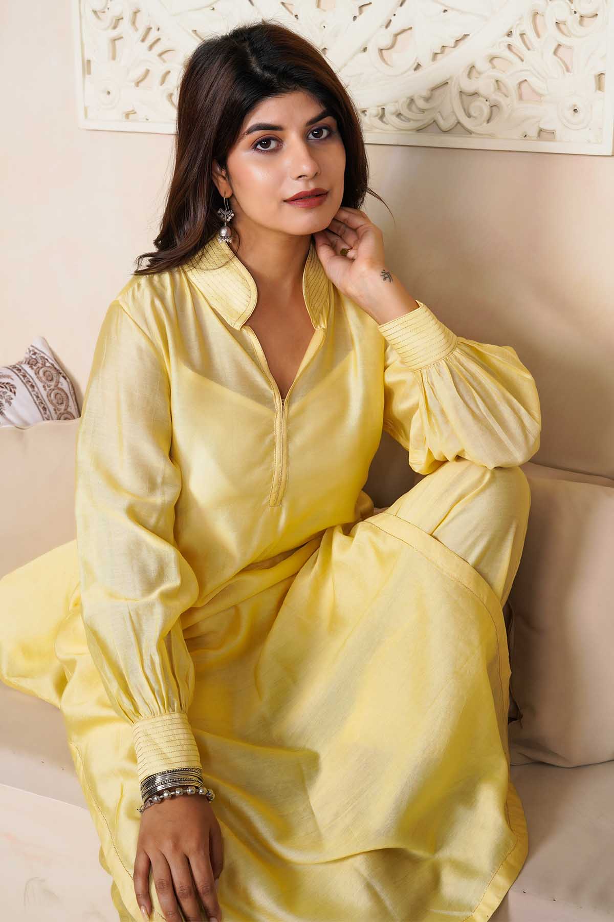 Yellow Zari Work Kurta & Pants