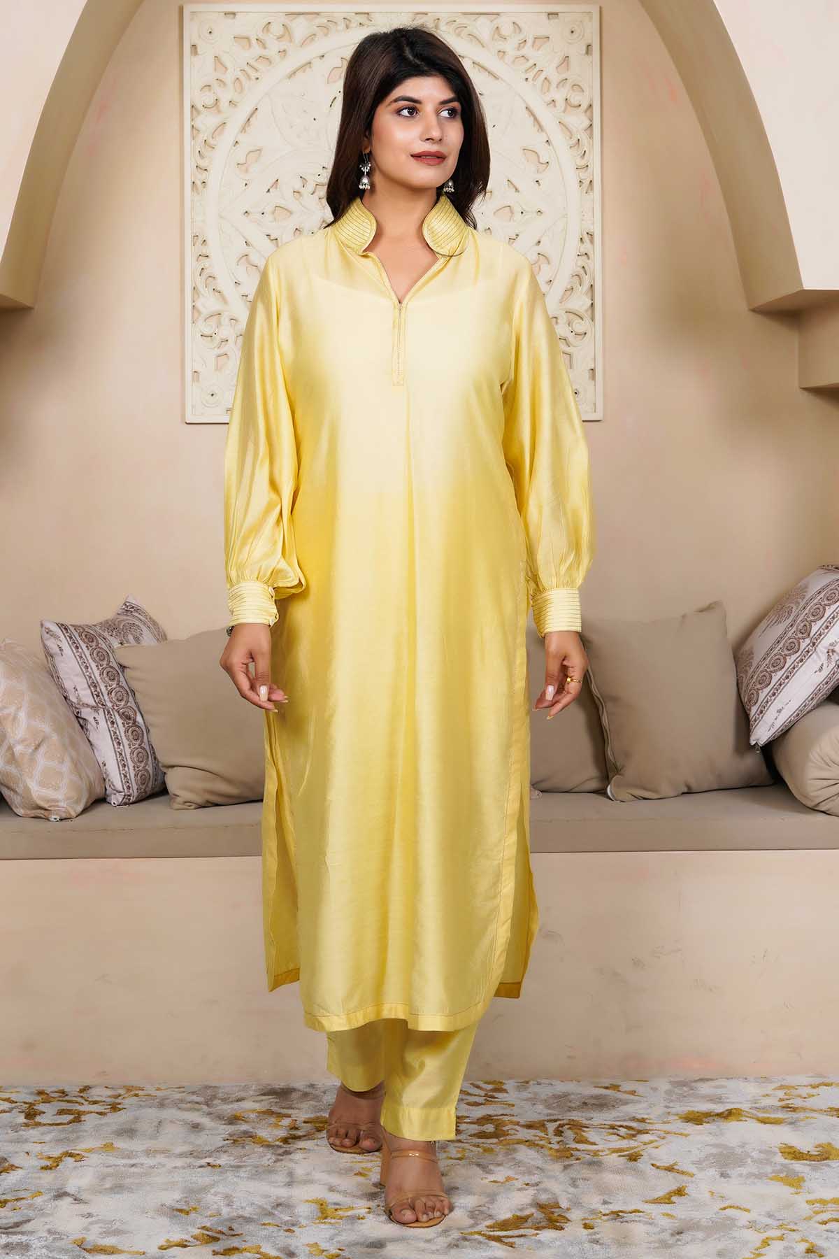 Imrie Yellow Zari Work Kurta & Pants for women online at ScrollnShops