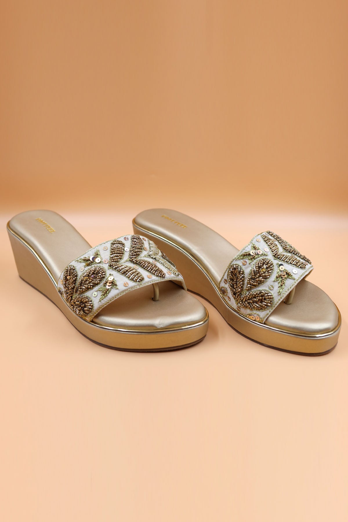 Foot Fuel Zardosi Embroidered Gold Wedges for accessories online at ScrollnShops