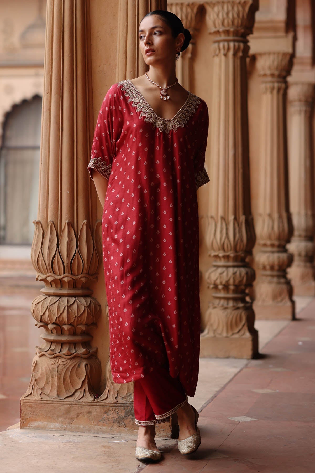 Megha Pitti Zardosi Printed Red Kurta Set for women online at ScrollnShops