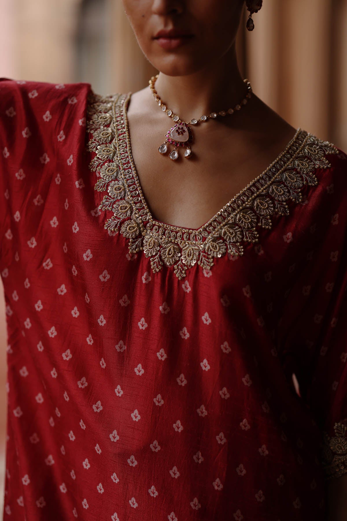 Zardosi Printed Red Kurta Set