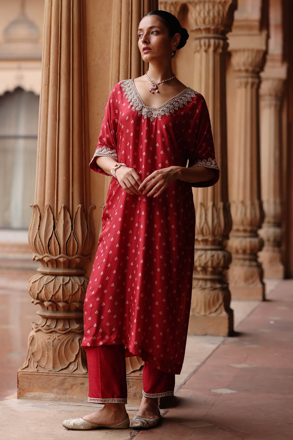Zardosi Printed Red Kurta Set