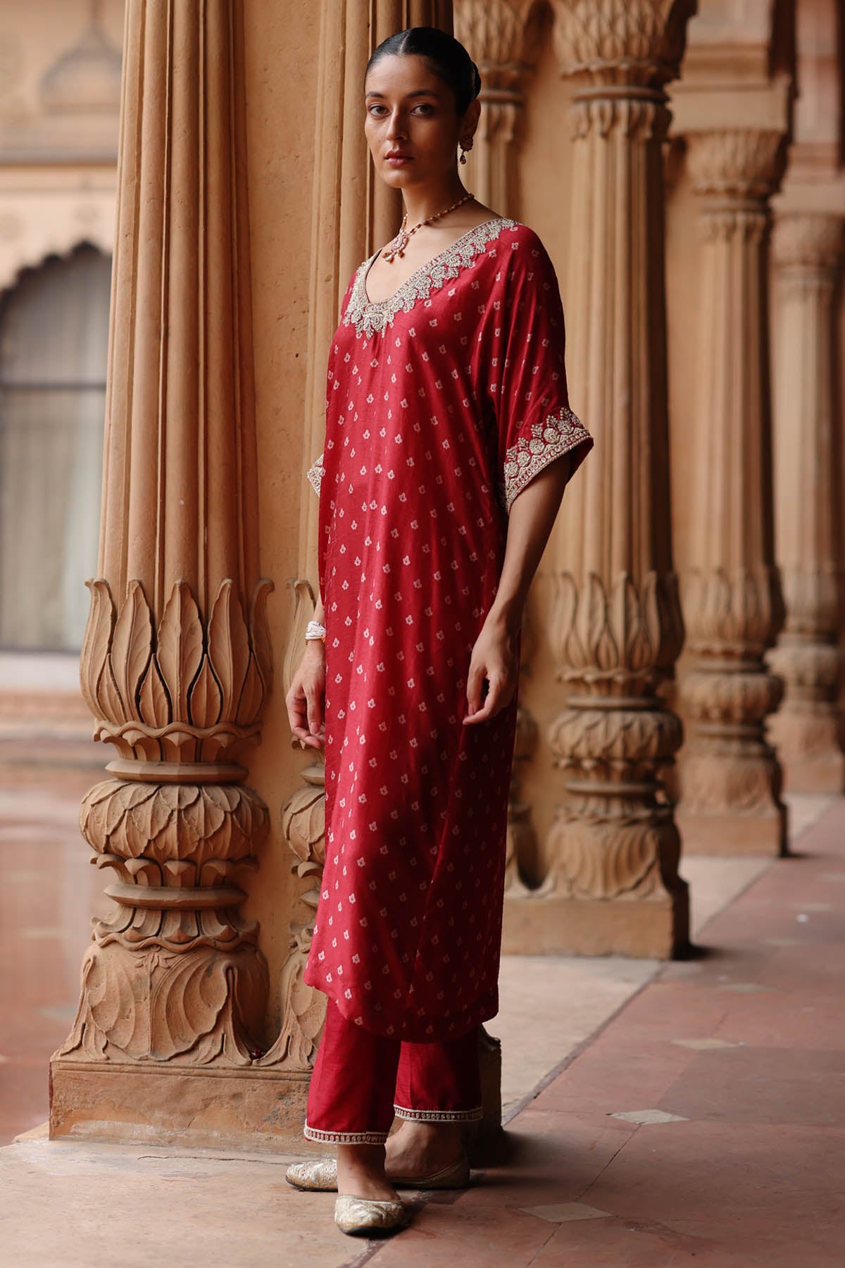 Zardosi Printed Red Kurta Set