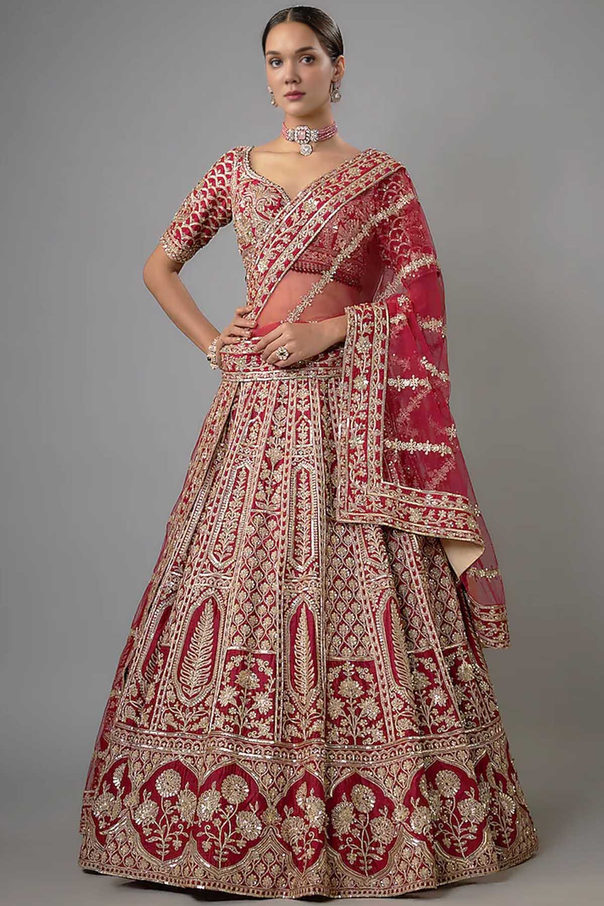 Buy Zardozi Dupion Red Lehenga Set by Shlok Design for women online at ScrollnShops