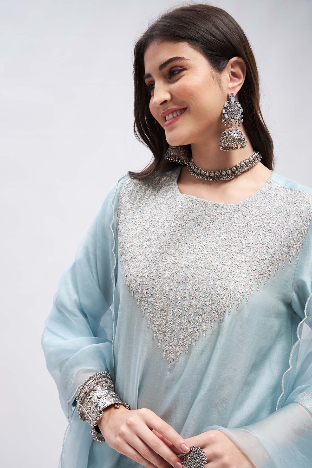 Zari Embroidered Blue Kurta Set