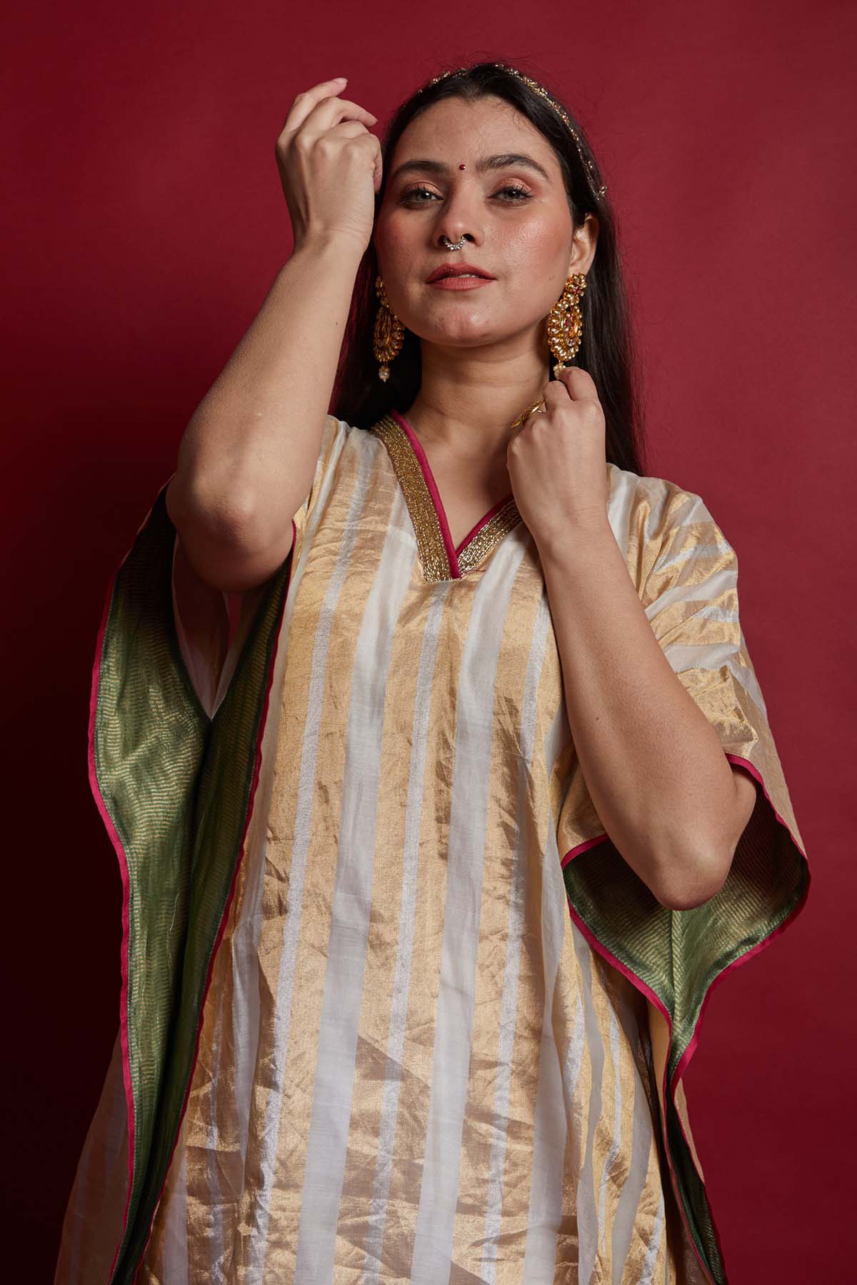 Gold Zari Striped Chanderi Kaftan Set