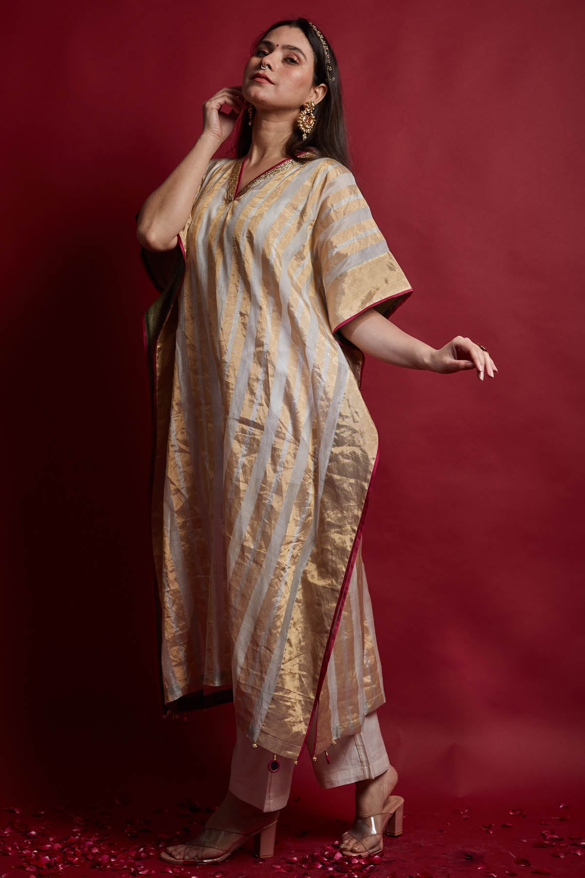 Gold Zari Striped Chanderi Kaftan Set