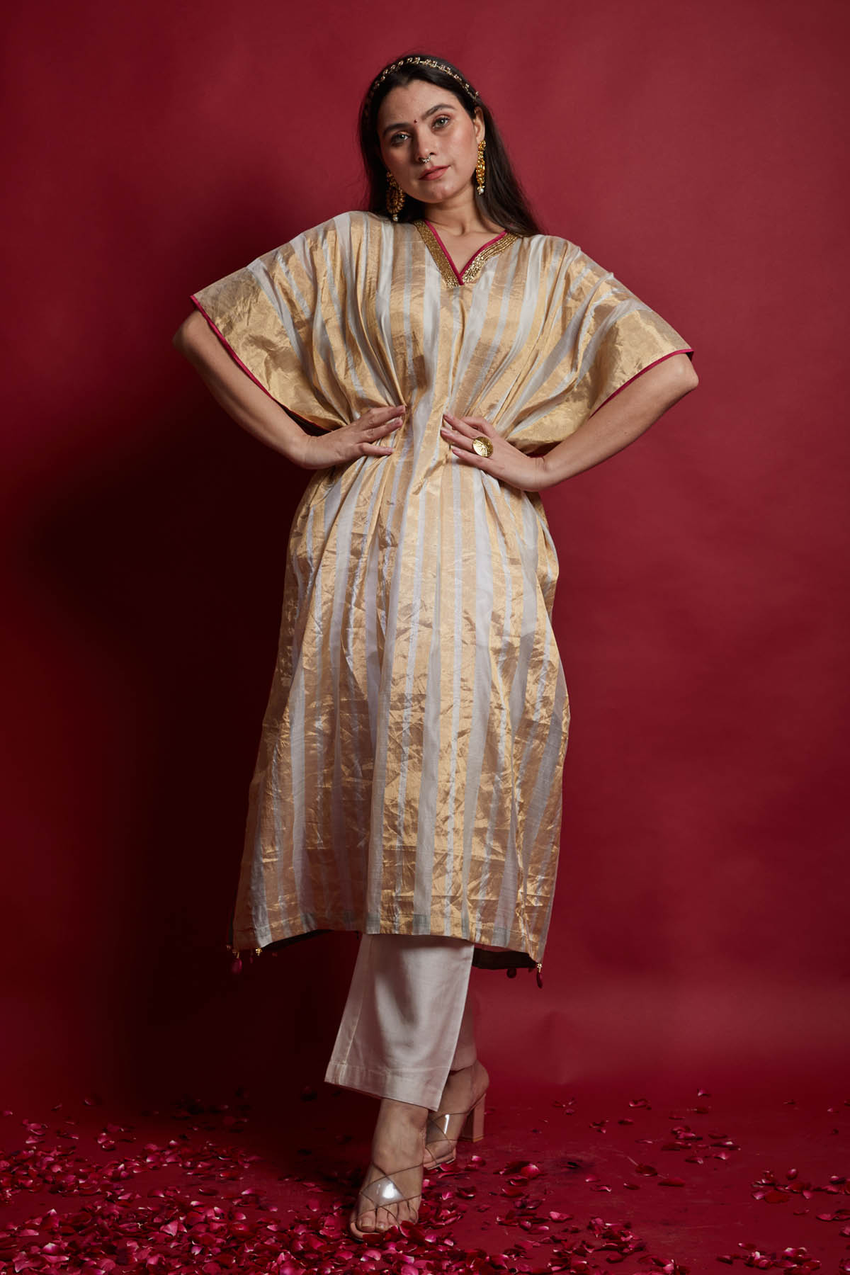 Gold Zari Striped Chanderi Kaftan Set