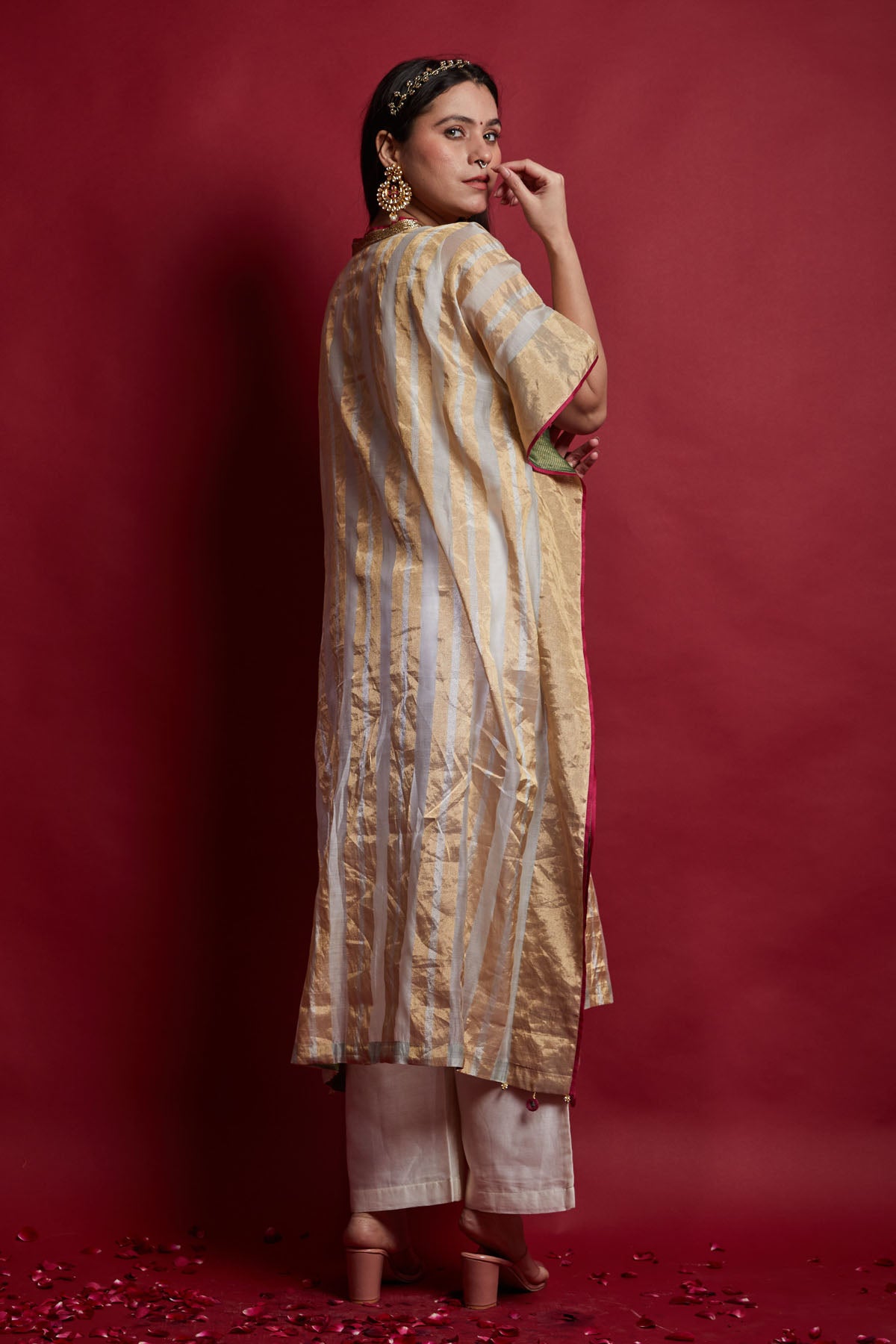 Gold Zari Striped Chanderi Kaftan Set