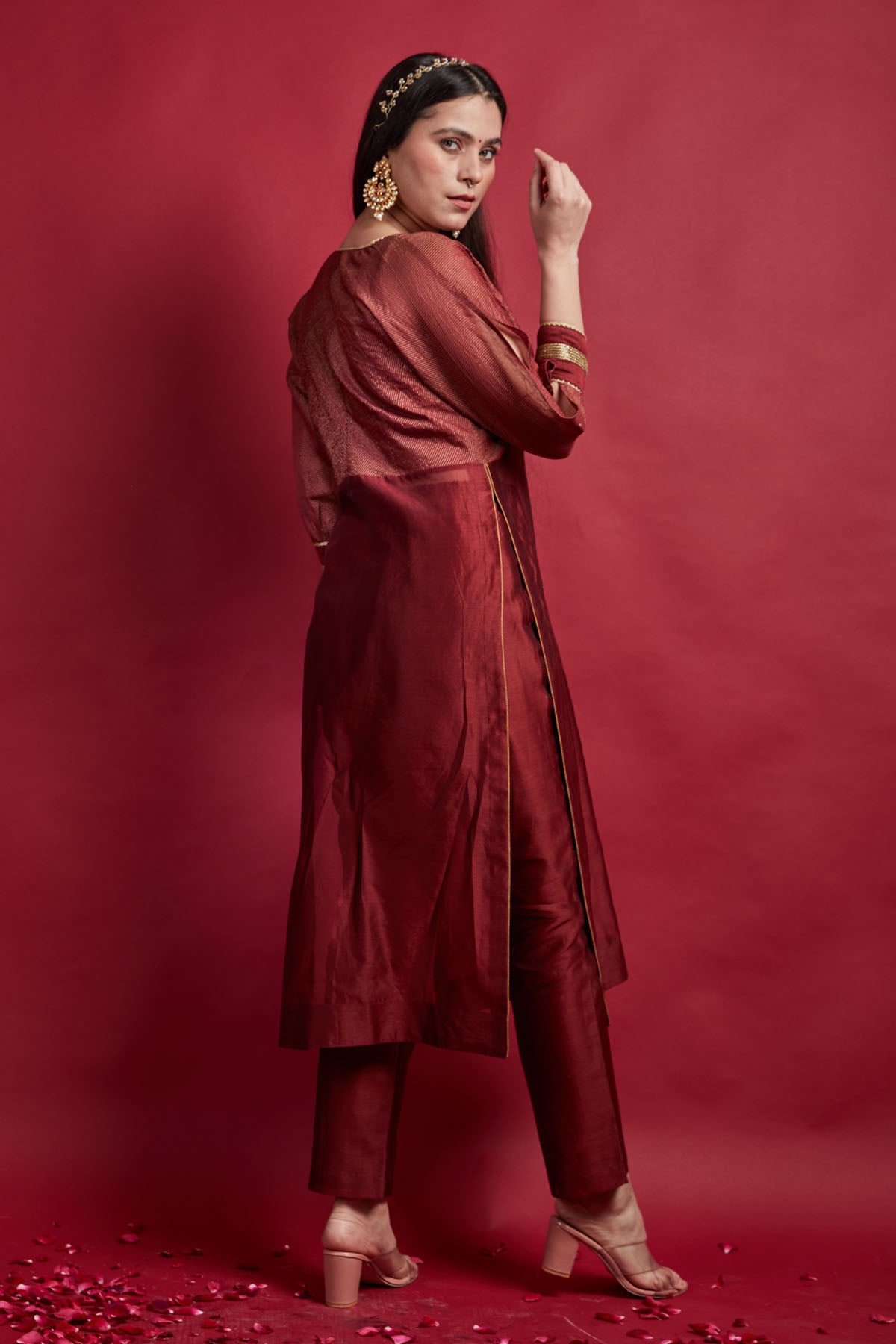 Maroon Zari Angrakha Kurta Set