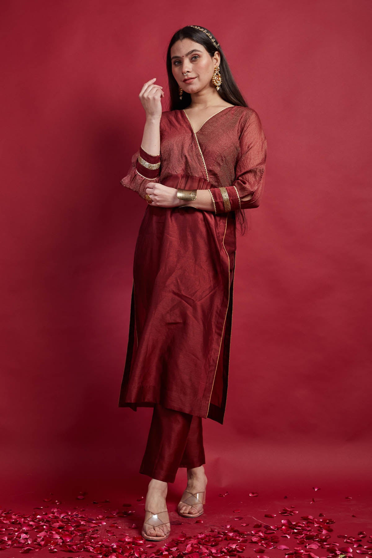 Maroon Zari Angrakha Kurta Set