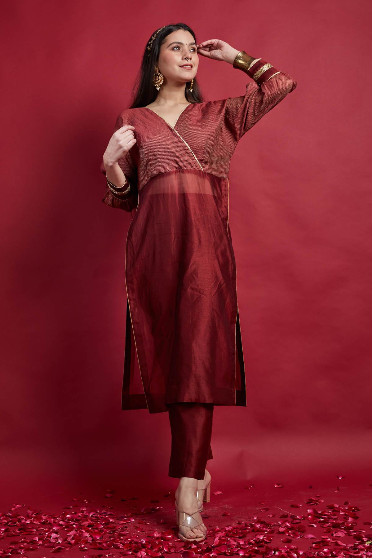 Maroon Zari Angrakha Kurta Set