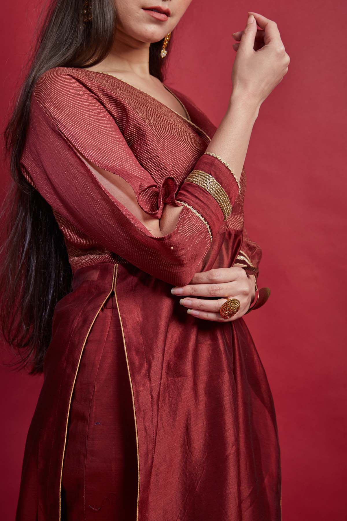 Maroon Zari Angrakha Kurta Set