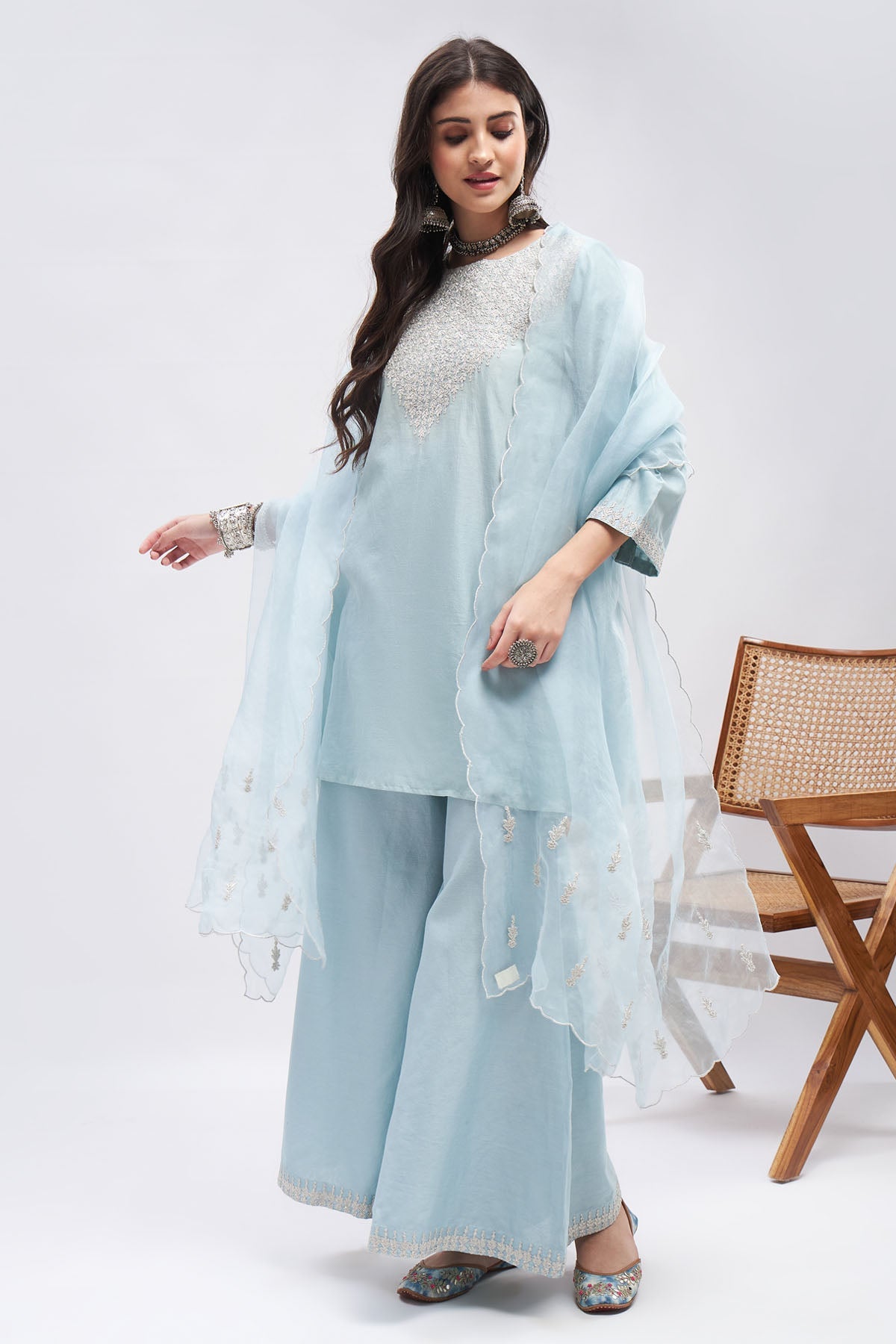 Zari Embroidered Blue Kurta Set