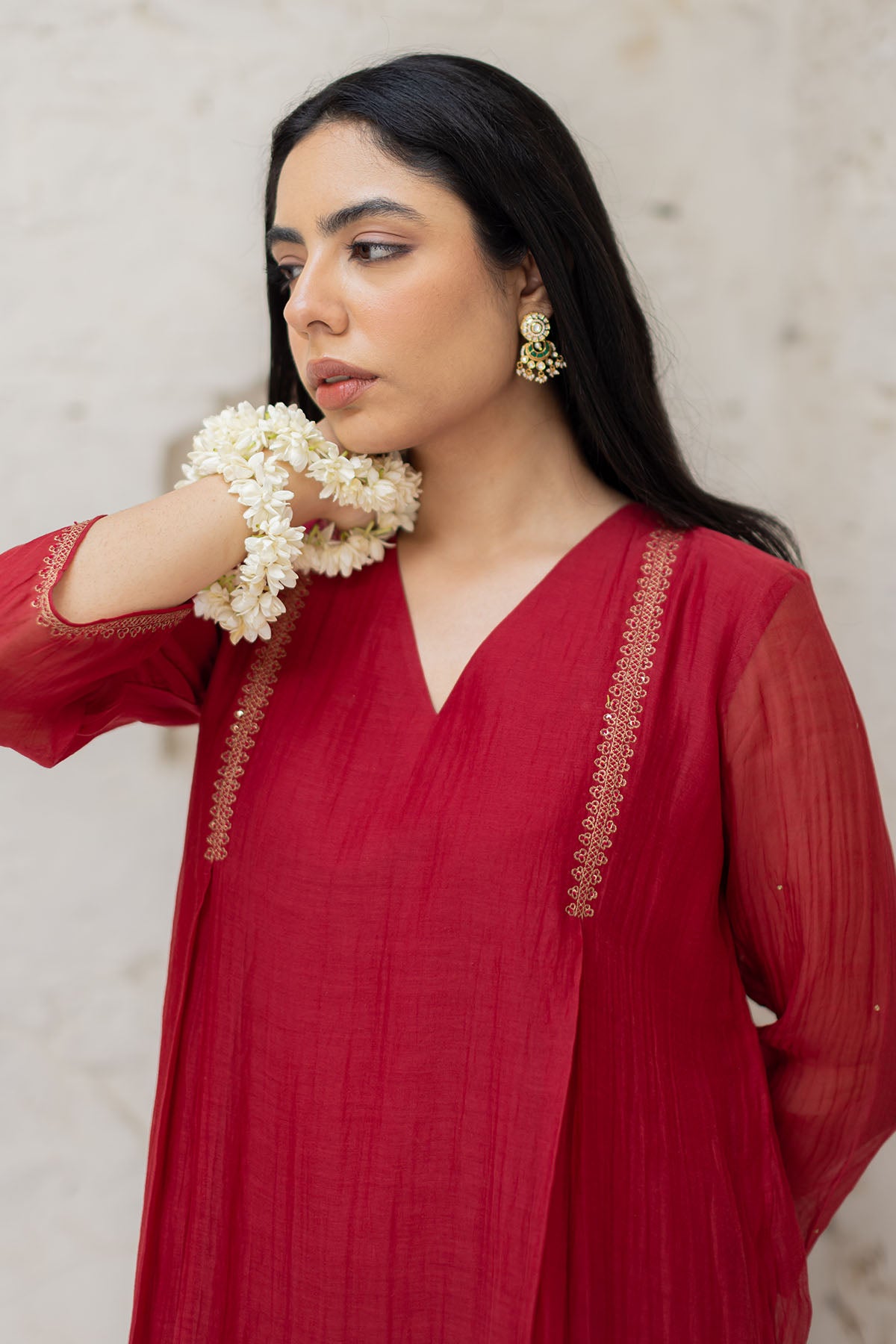 Zari Embroidered Red Kurta Set