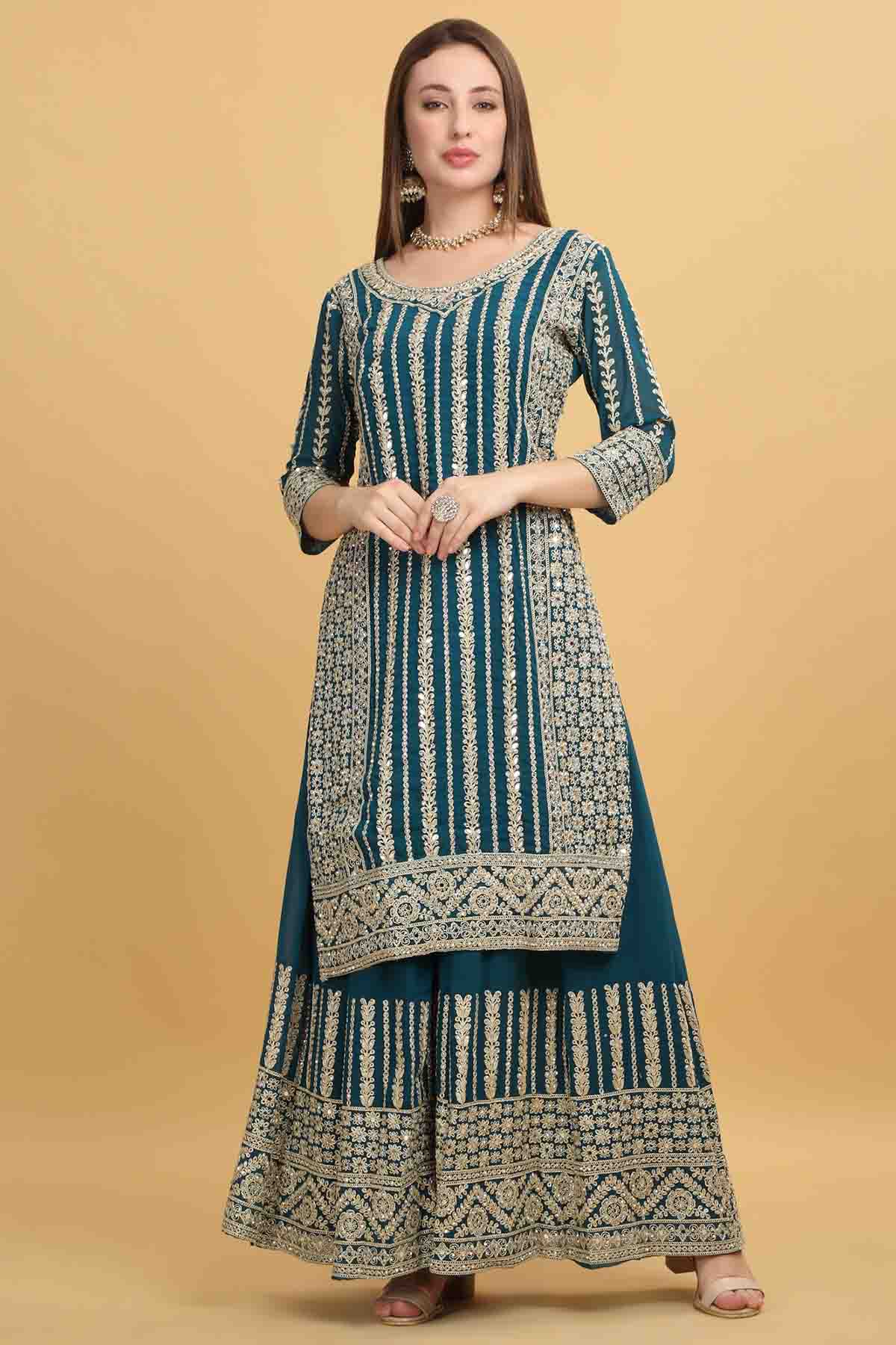 Zari Embroidered Teal Kurta Set