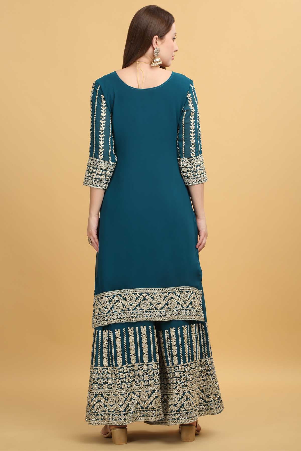Zari Embroidered Teal Kurta Set