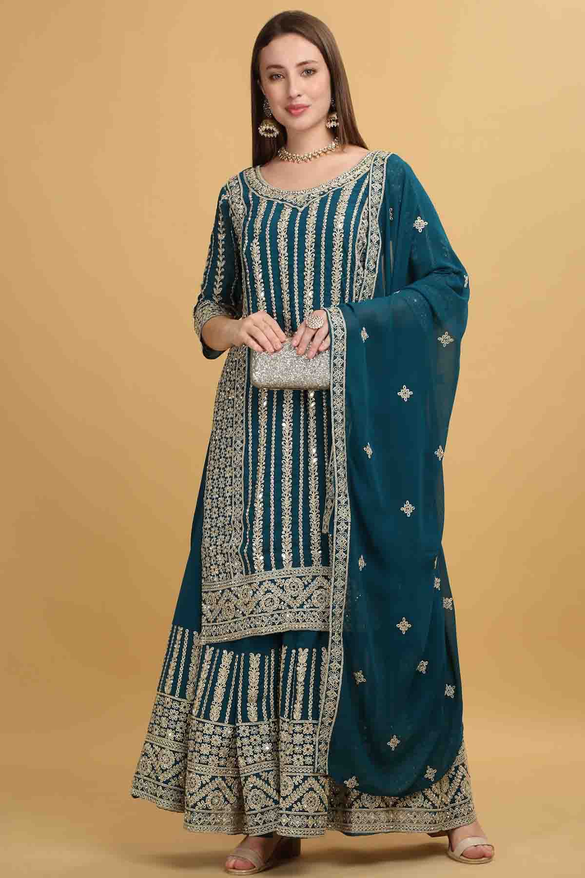 Buy Zari Embroidered Teal Kurta Set by Aham Vayam for women online at ScrollnShops