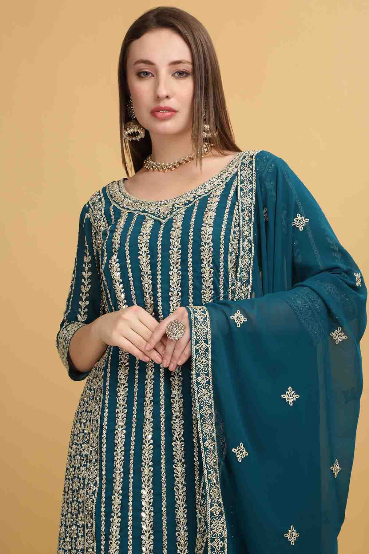 Zari Embroidered Teal Kurta Set