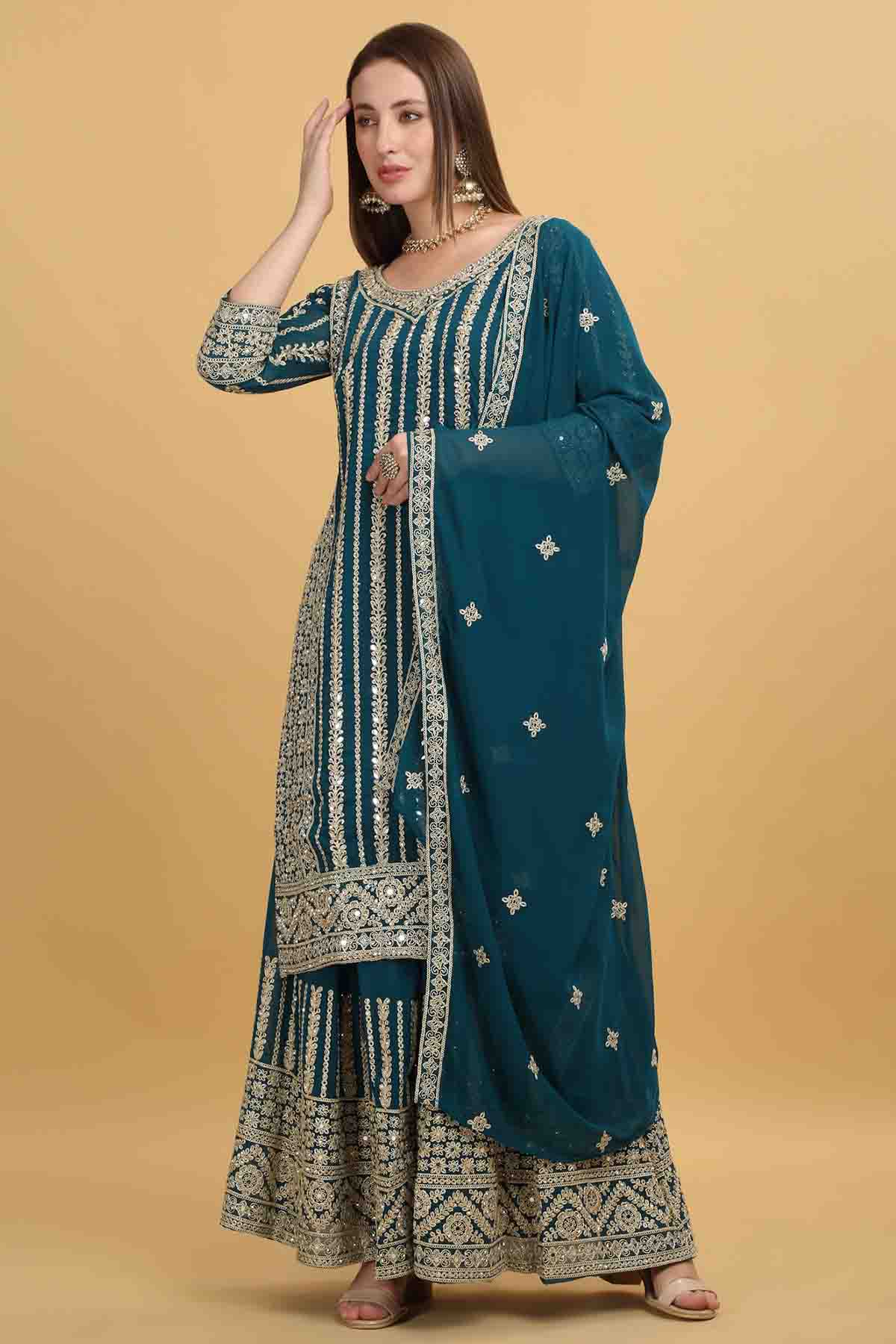Zari Embroidered Teal Kurta Set