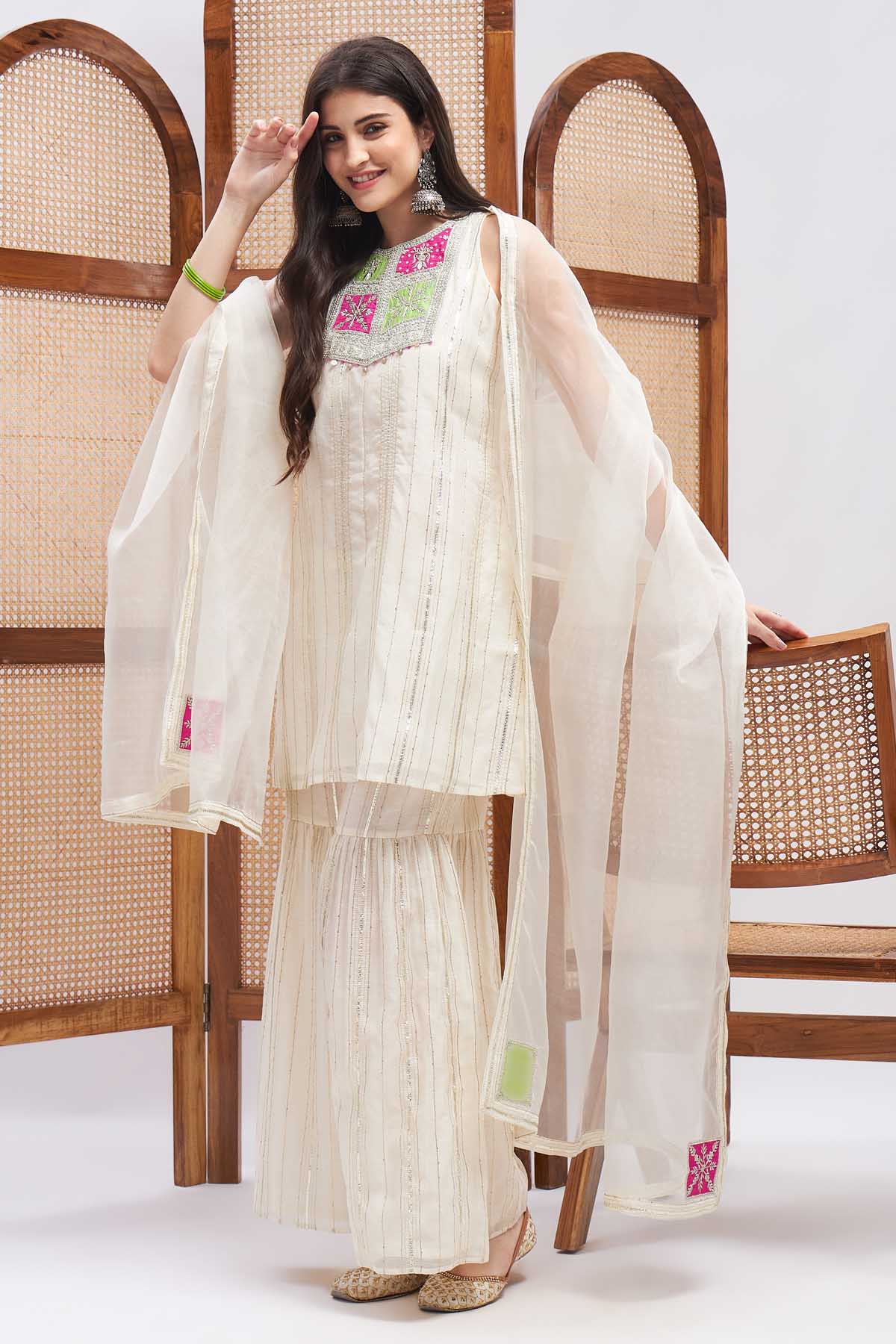 Zari & Stripe Kurta Gharara Set