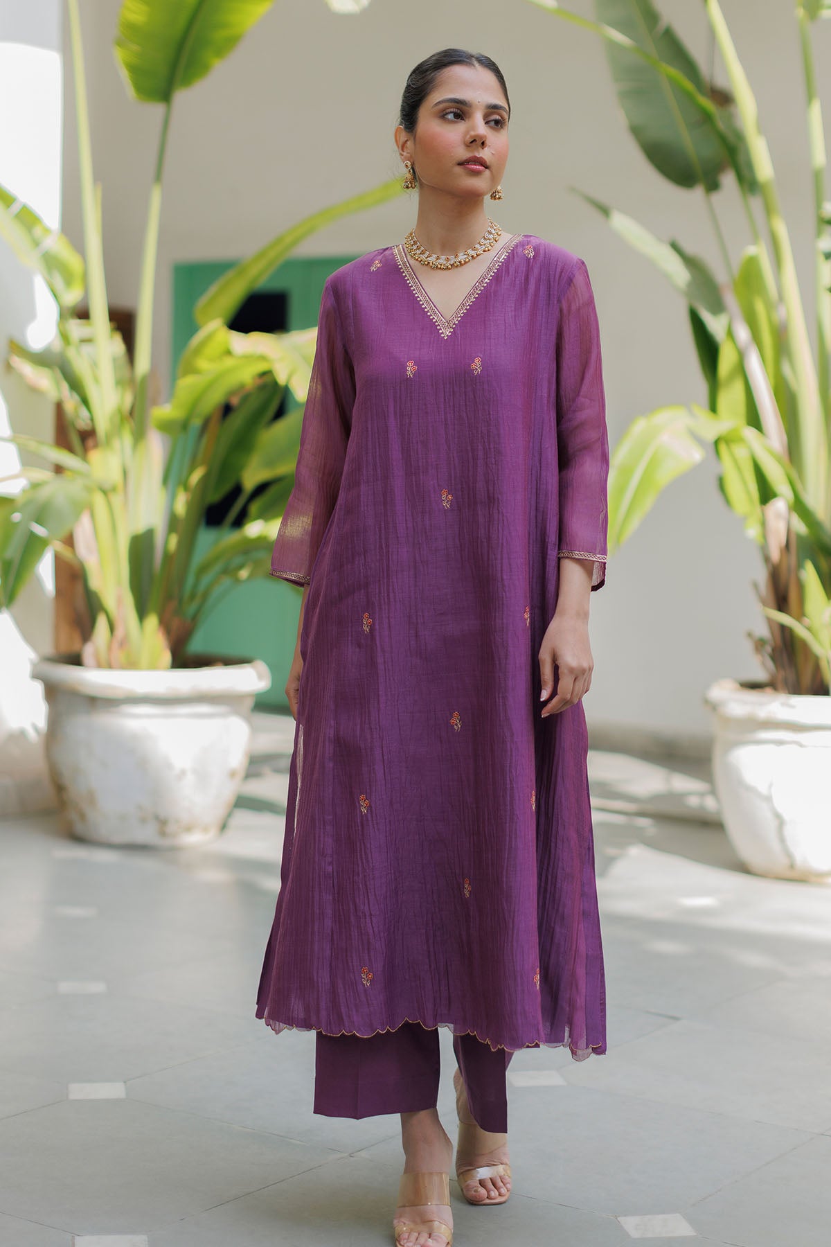 Zari Work Purple Long Kurta Set