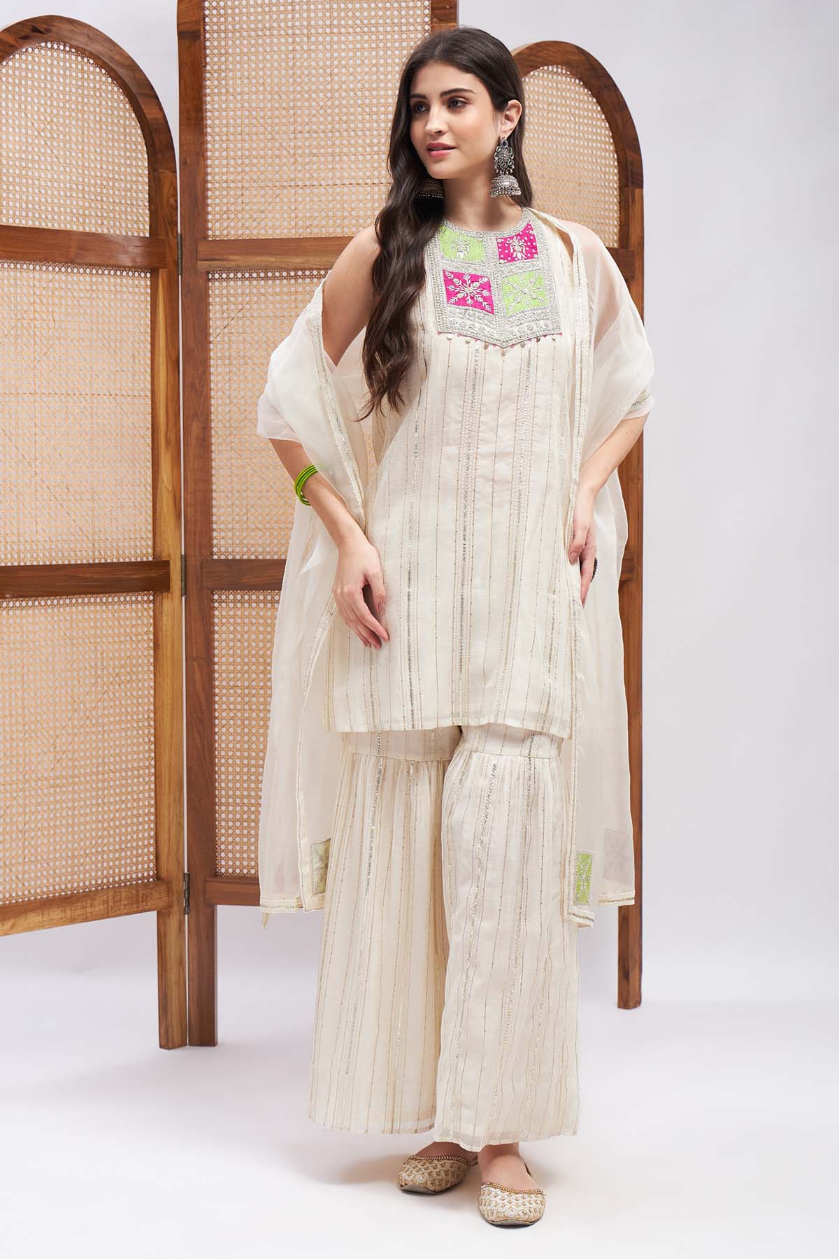 Zari & Stripe Kurta Gharara Set