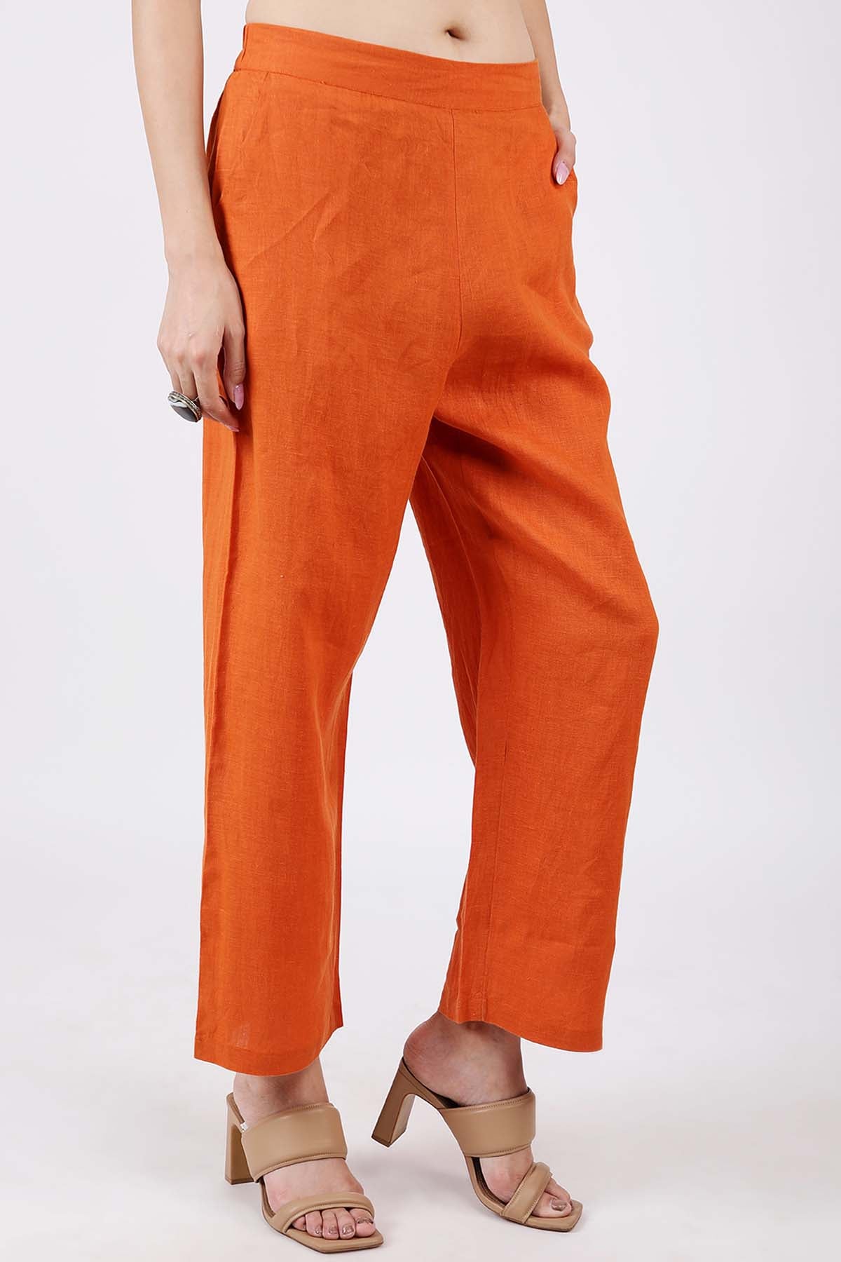 Orange Linen Relaxed Fit Pants