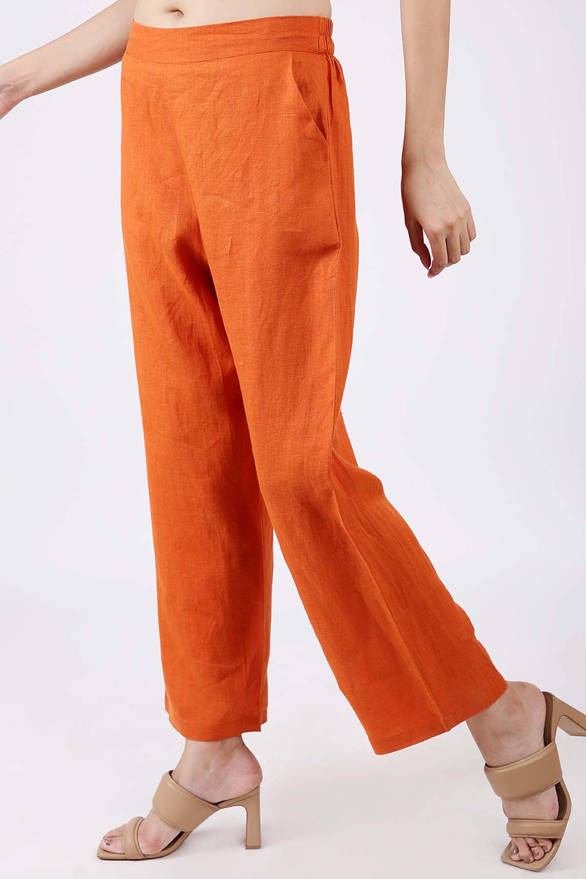 Orange Linen Relaxed Fit Pants