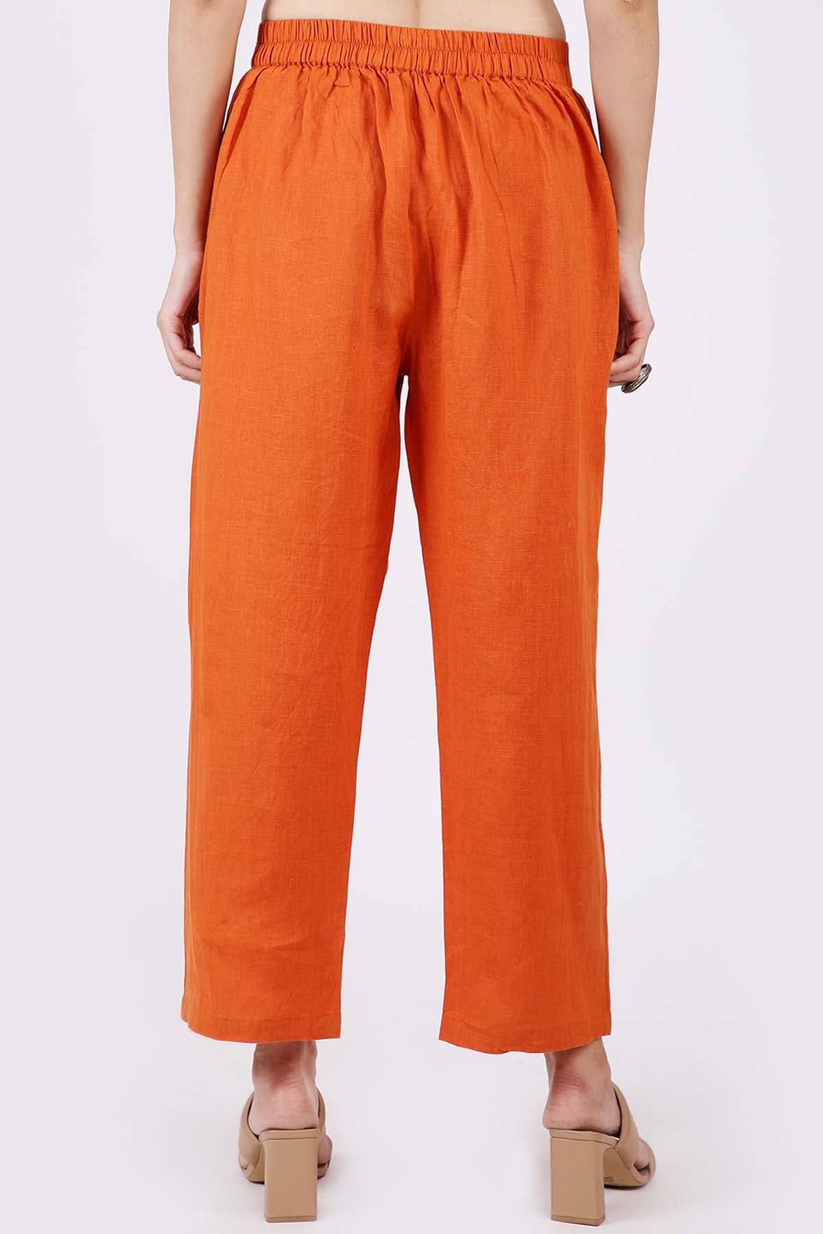 Orange Linen Relaxed Fit Pants
