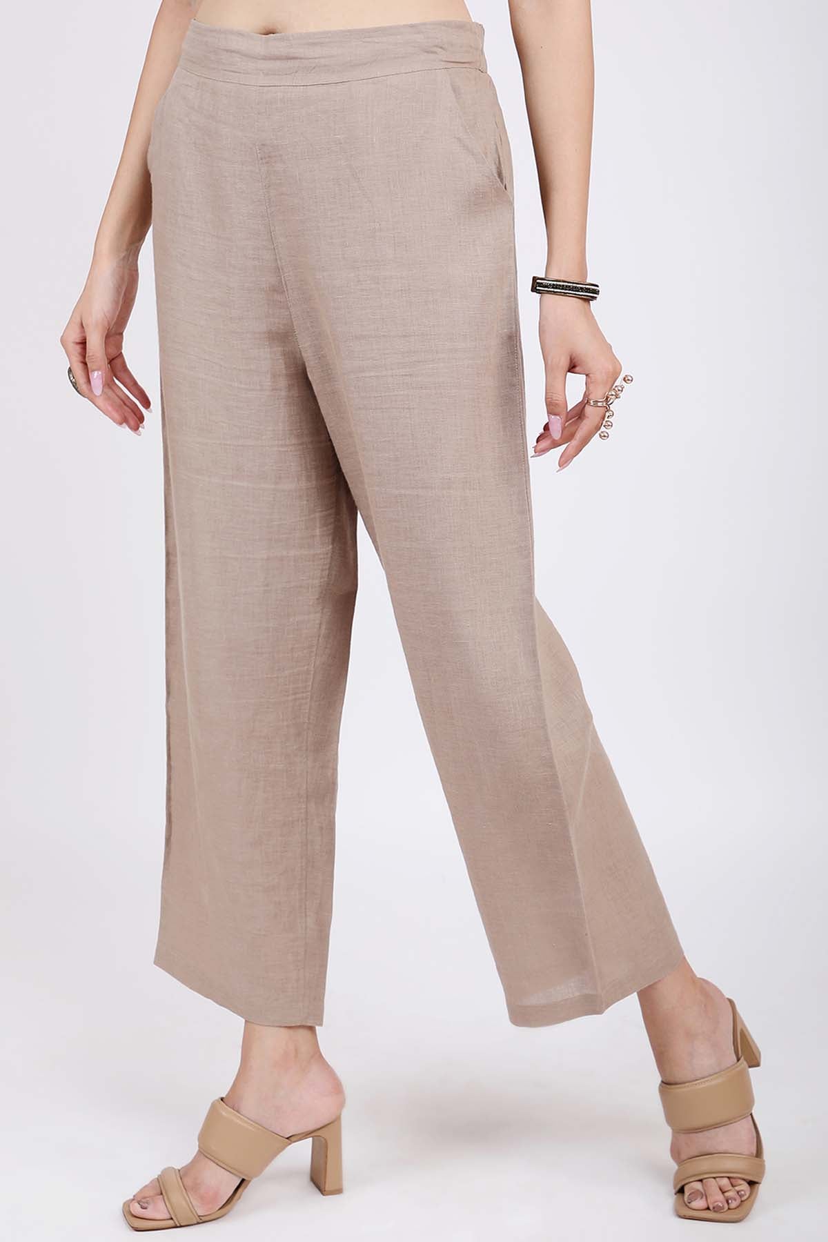 Khaki Linen Relaxed Fit Pants