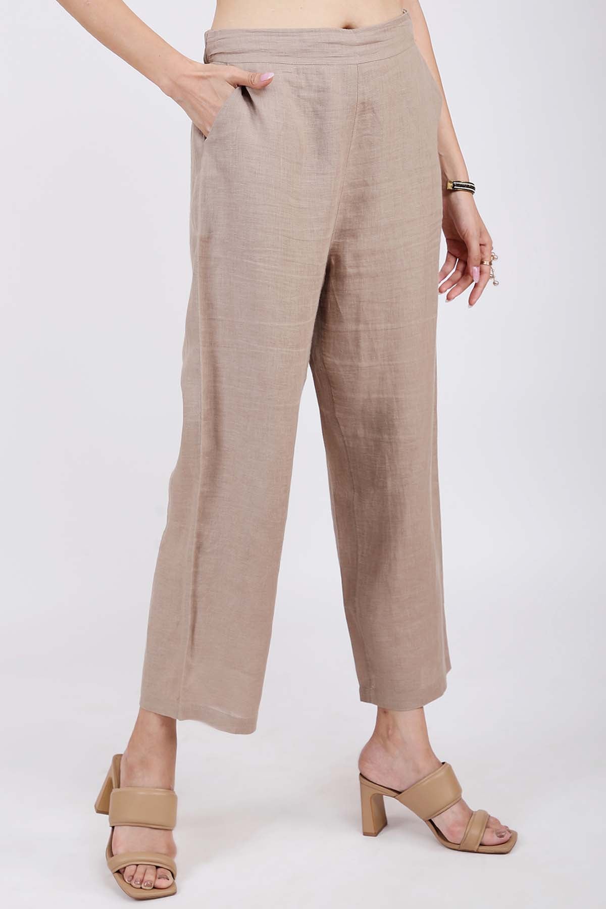 Khaki Linen Relaxed Fit Pants