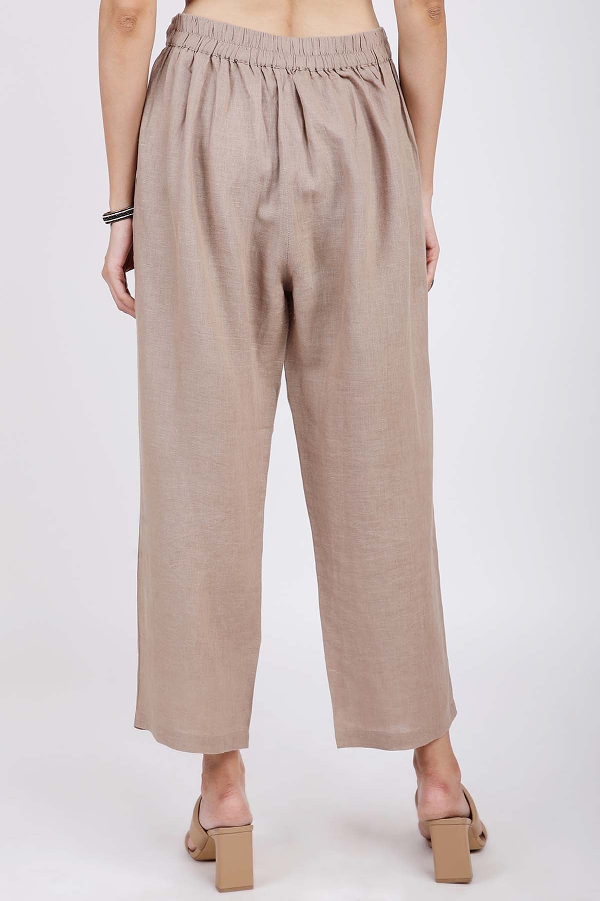 Khaki Linen Relaxed Fit Pants