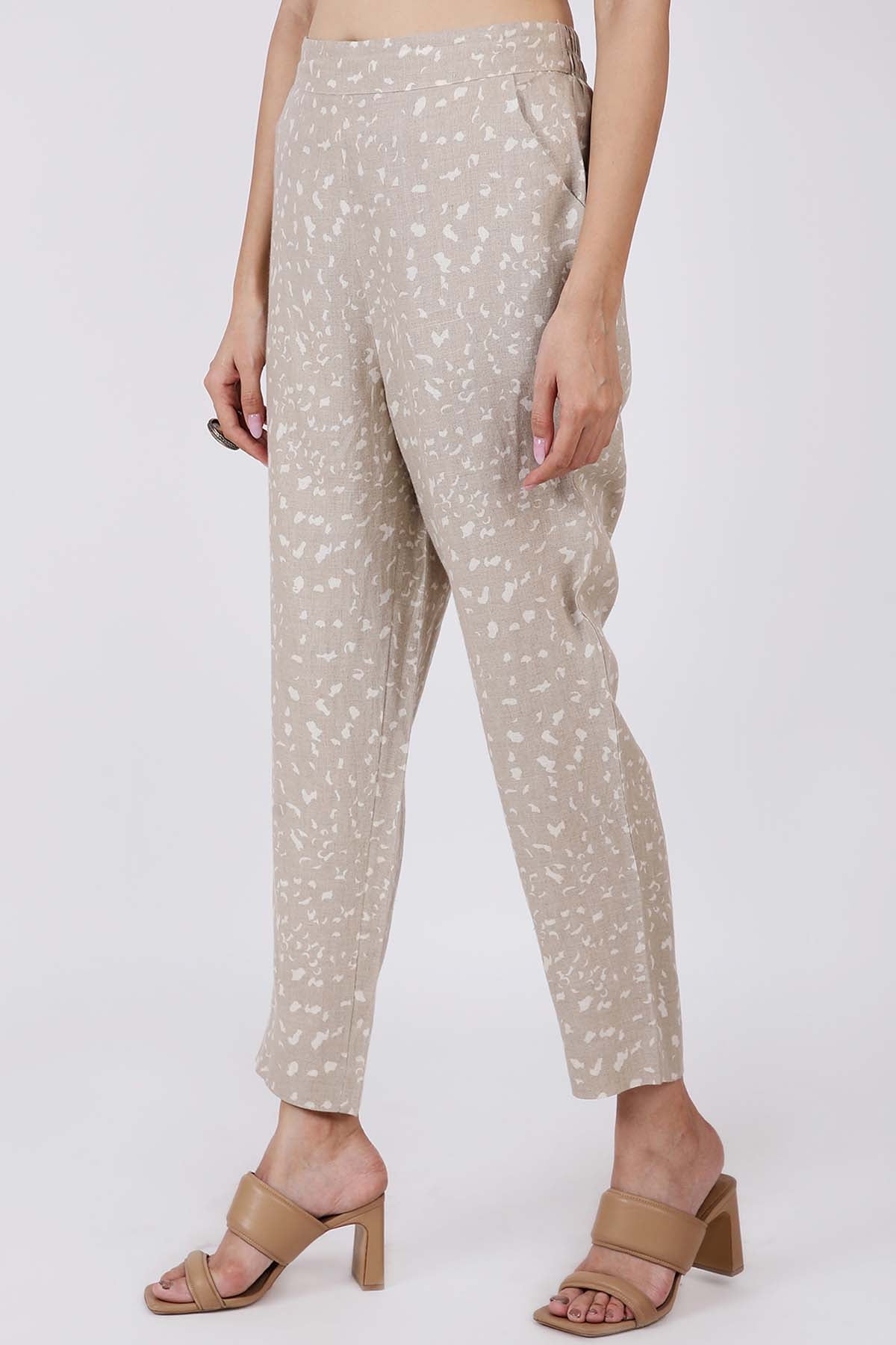 Beige Linen Relaxed Fit Pants