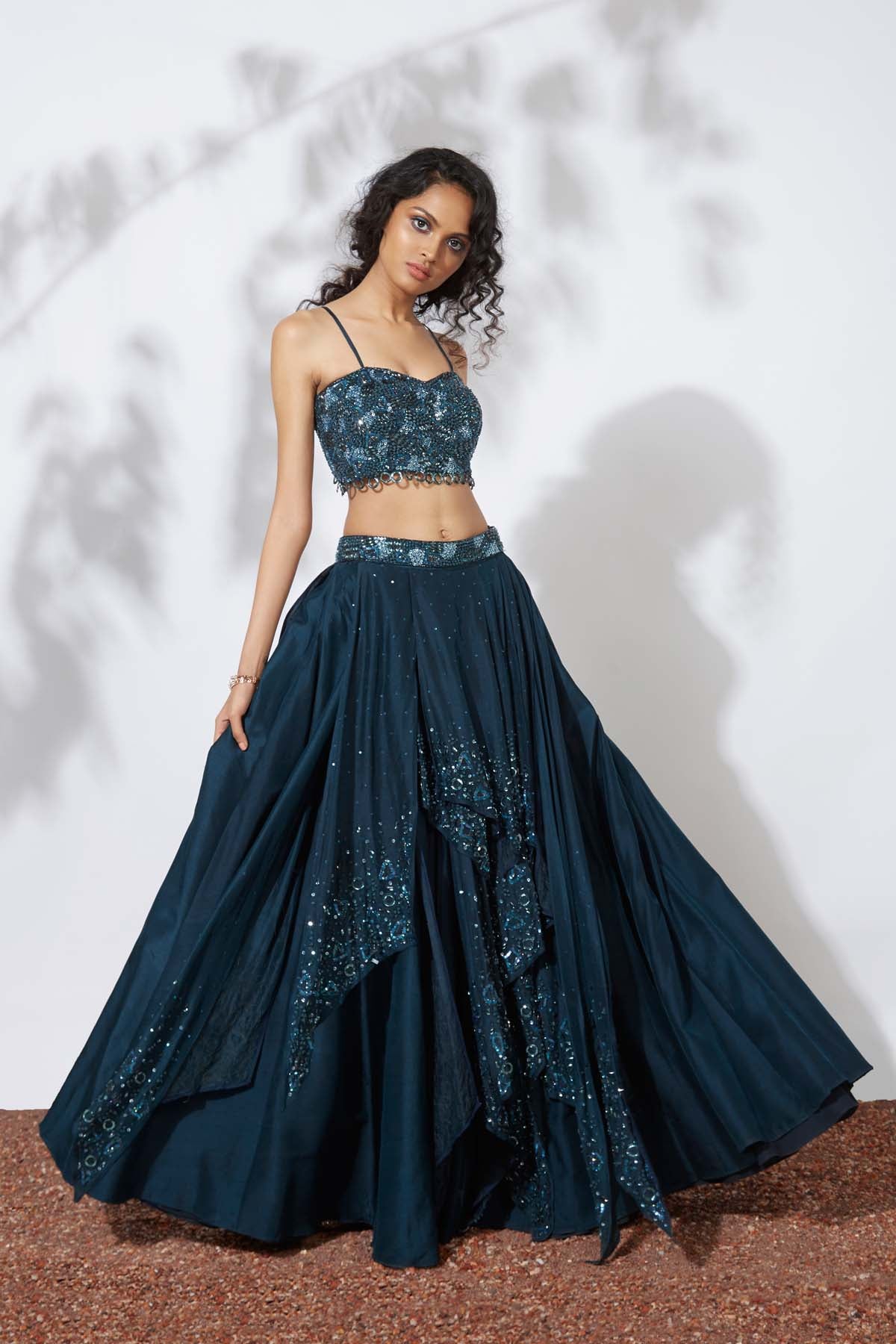 Teal Raw Silk Tiered Lehenga Set