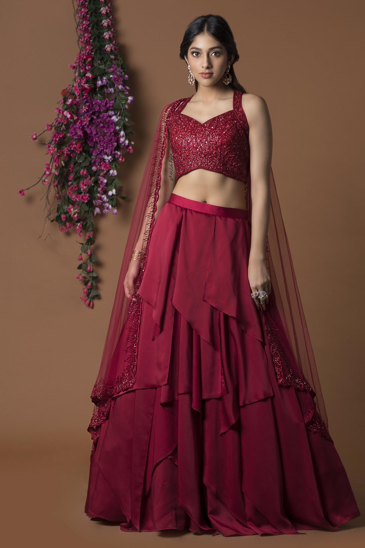 Ruby Red Layered Lehenga Set