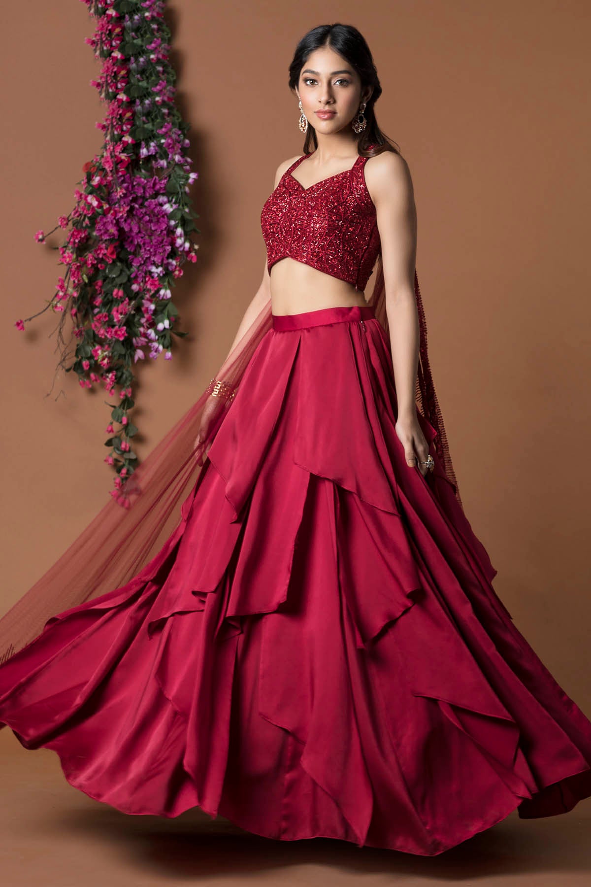 Ruby Red Layered Lehenga Set