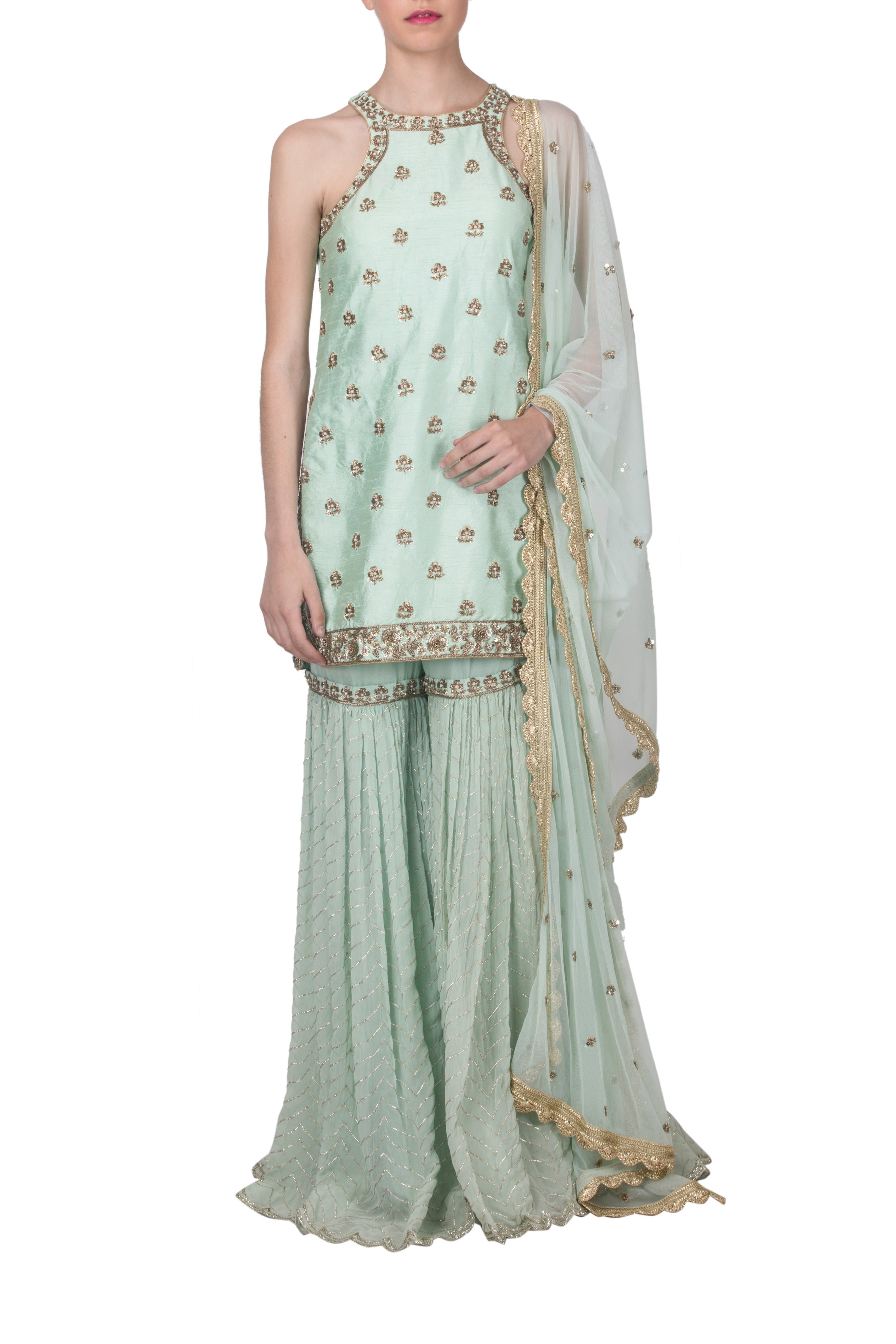 Green Dabka Work Sharara Set