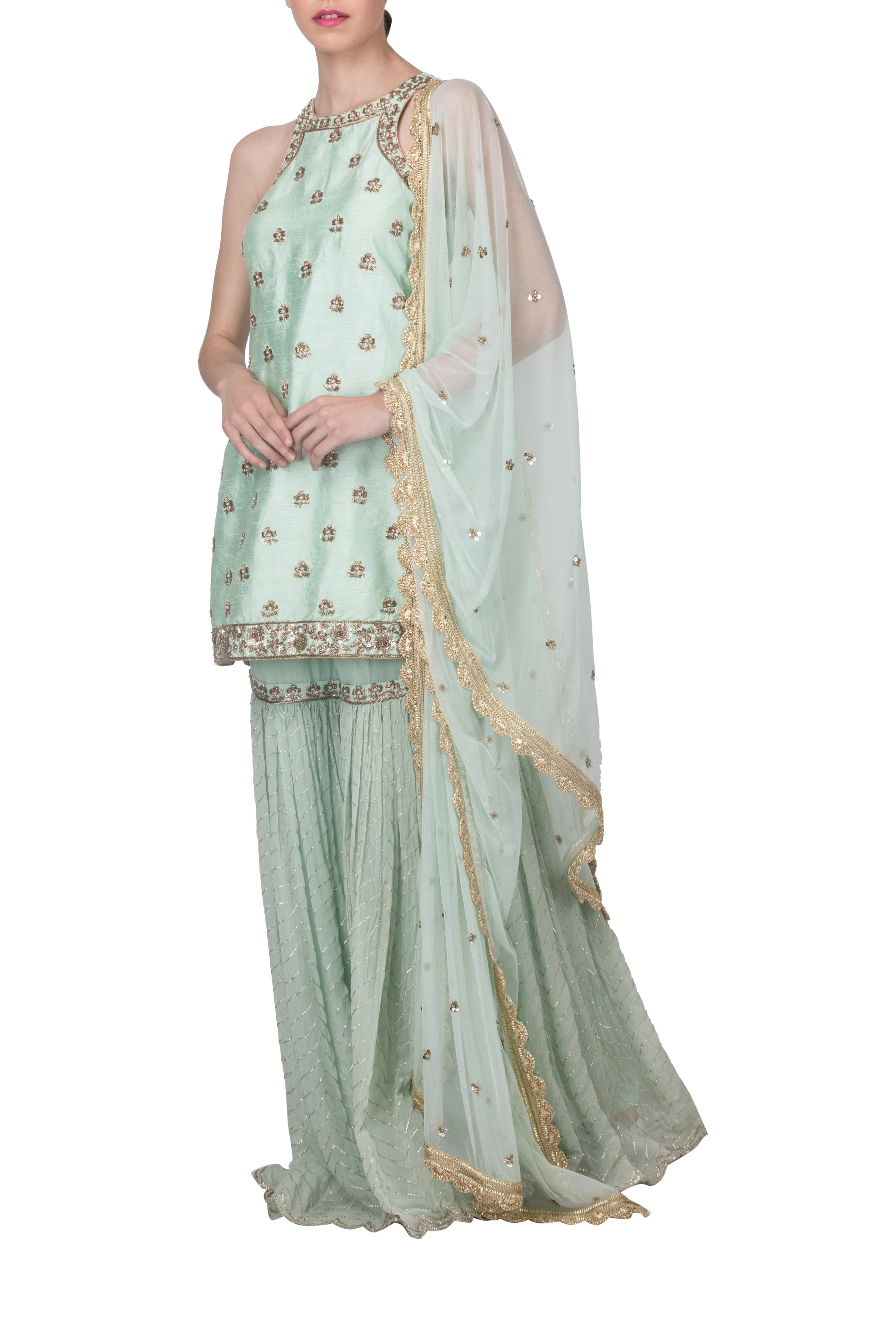 Green Dabka Work Sharara Set