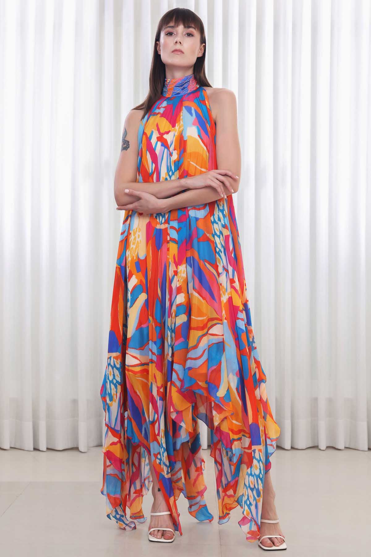 Buy Abstract Printed Chiffon Gown by Mandira Wirk